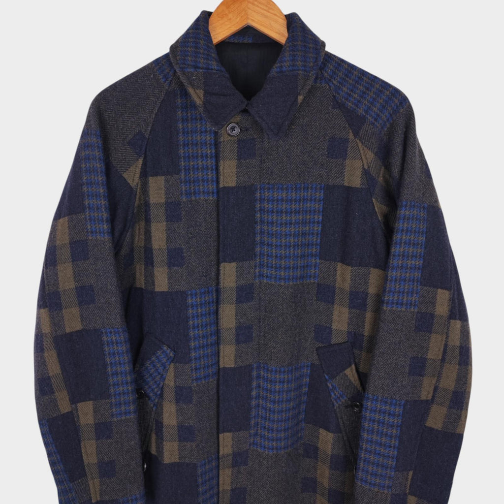 BEAMS PLUS Men's Navy Blue 100% Wool Patchwork Coat