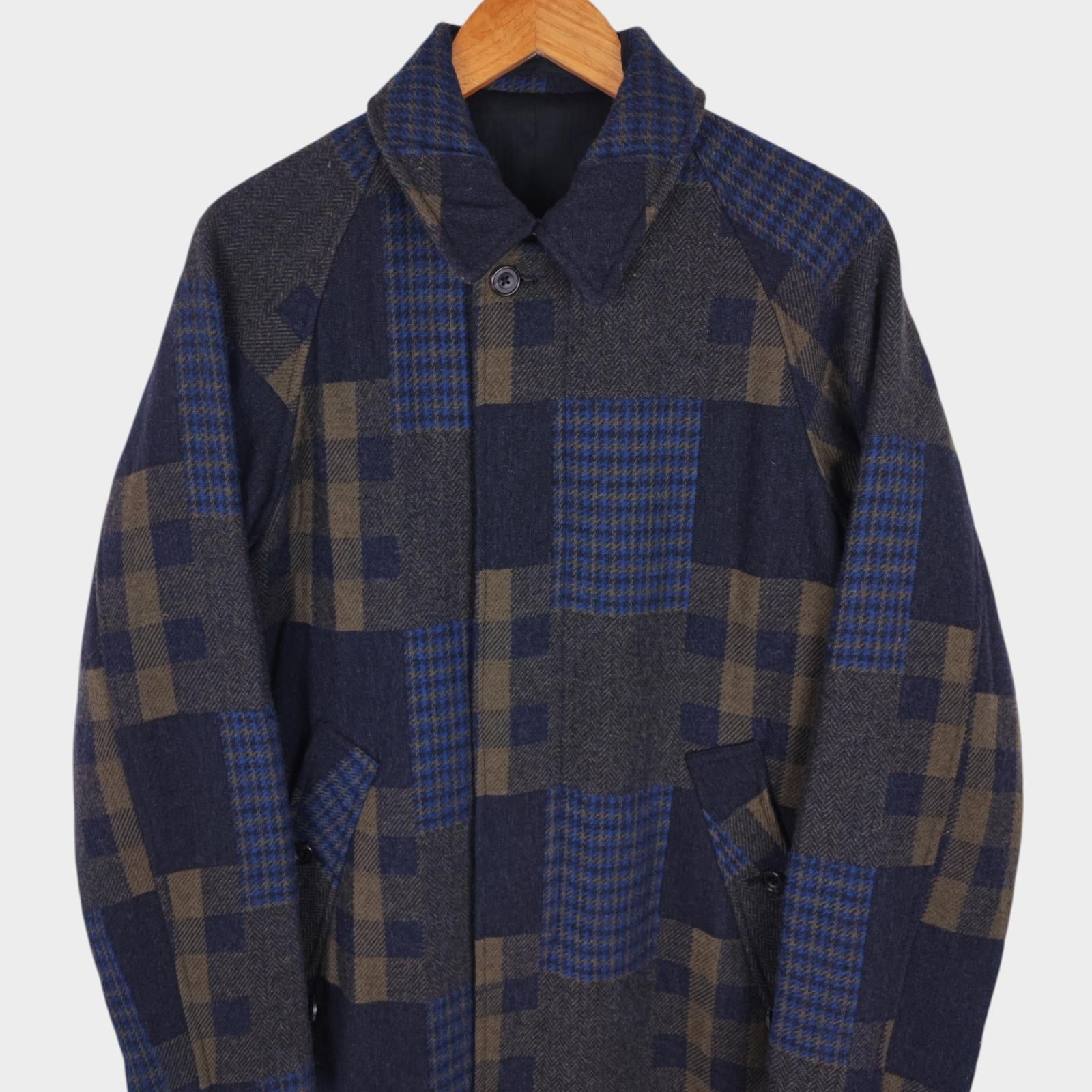BEAMS PLUS Men's Navy Blue 100% Wool Patchwork Coat