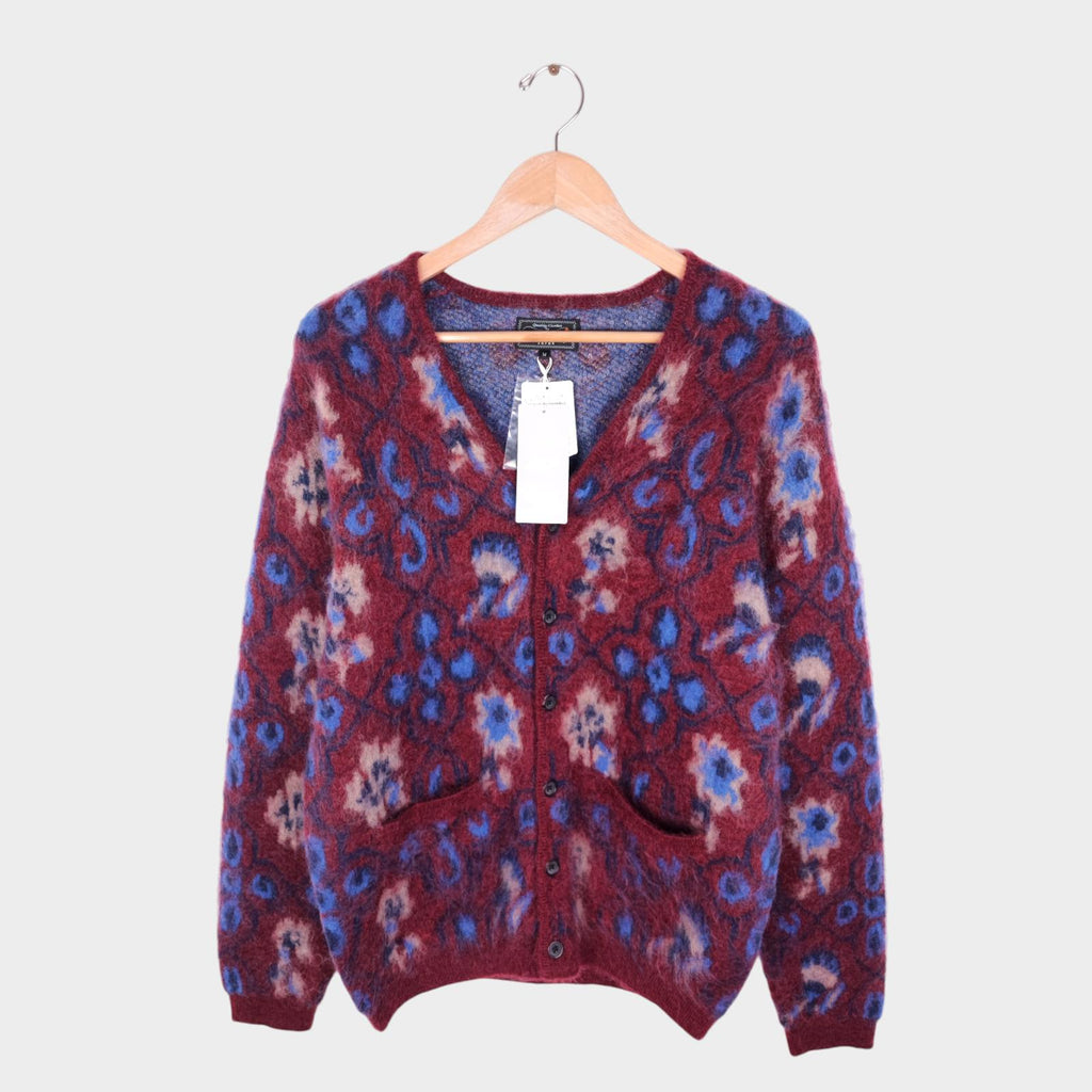 BEAMS PLUS Men's Mohair Blend Shaggy Grunge Botanical Jacquard Cardigan