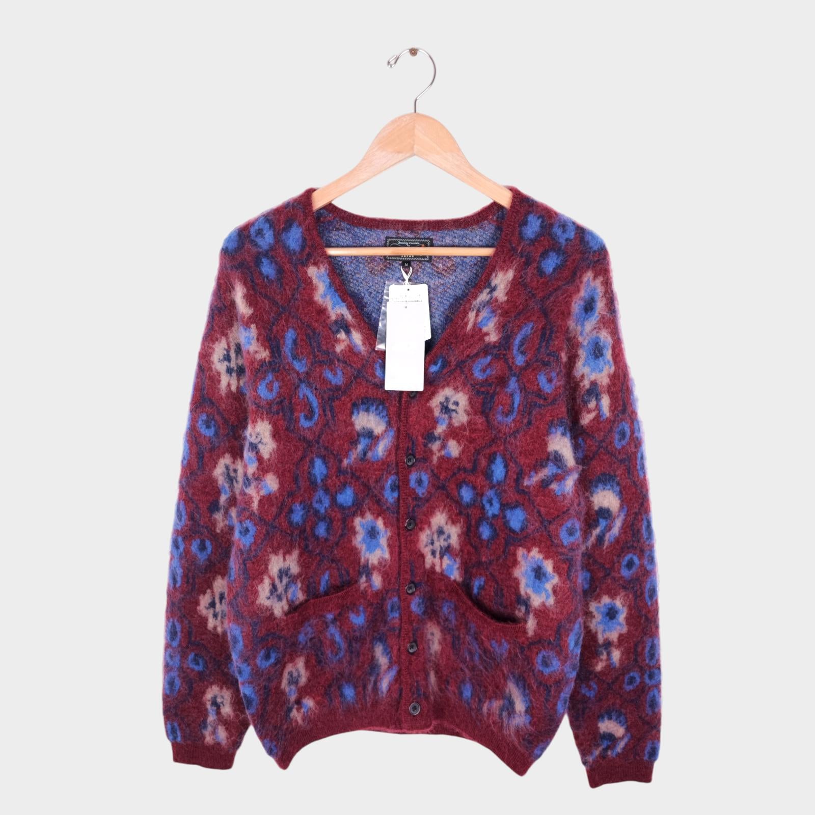 BEAMS PLUS Men's Mohair Blend Shaggy Grunge Botanical Jacquard Cardigan