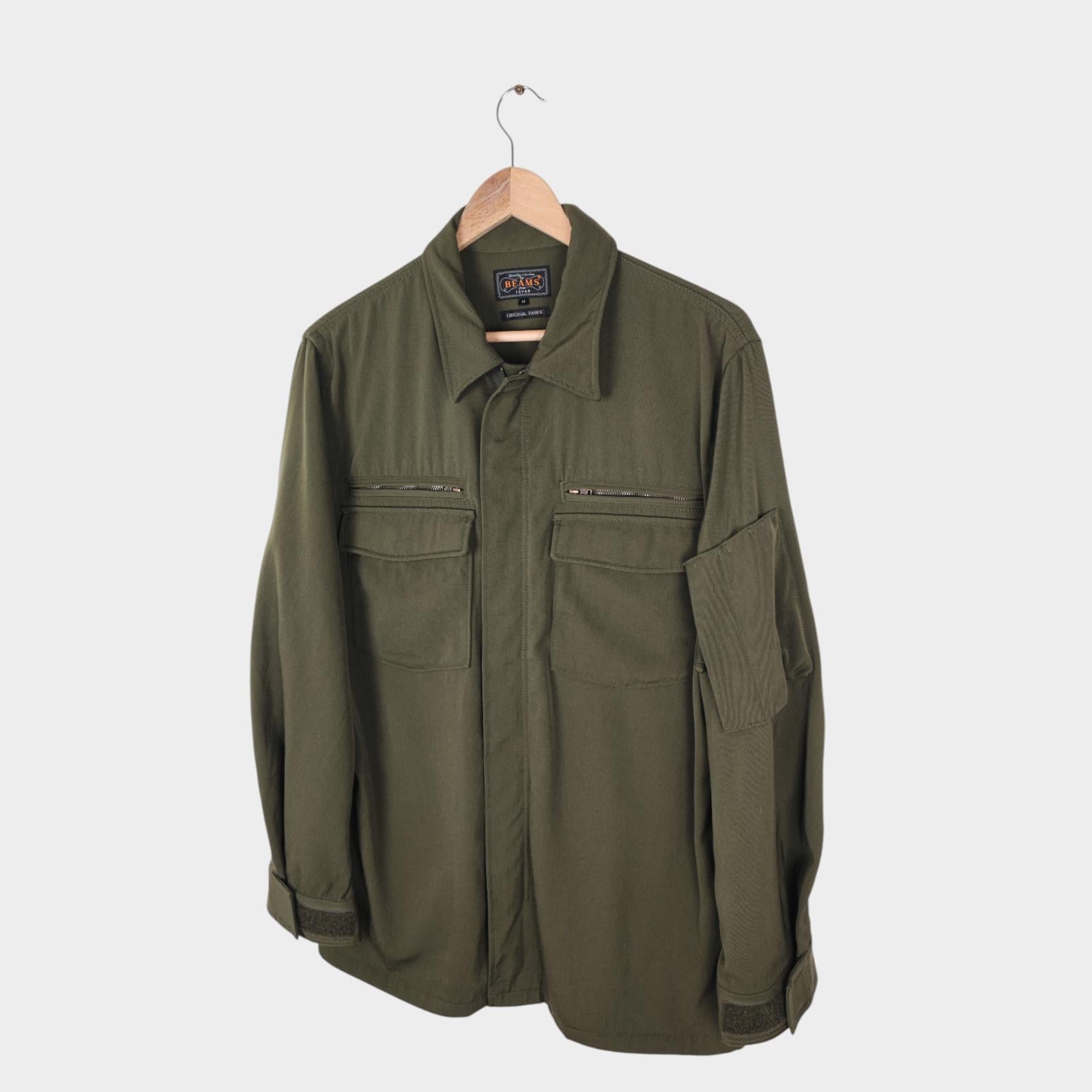 BEAMS PLUS Men's Green 100% Wool Military Zip Blouson Jacket