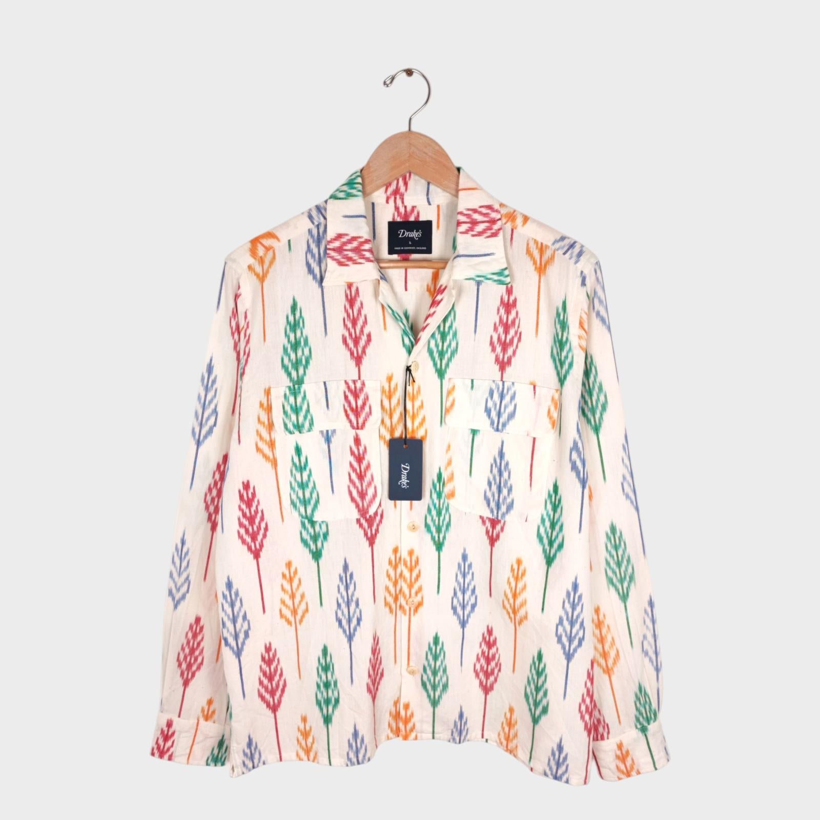 DRAKE'S Men's Made in England Camp Collar Ikat Shirt