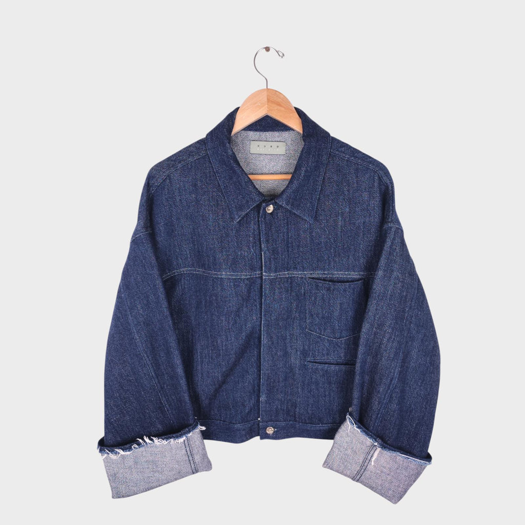 KURO Men's Blue Made in Japan Cropped Boxy Fit Raw Oversized Sleeve Denim Jacket