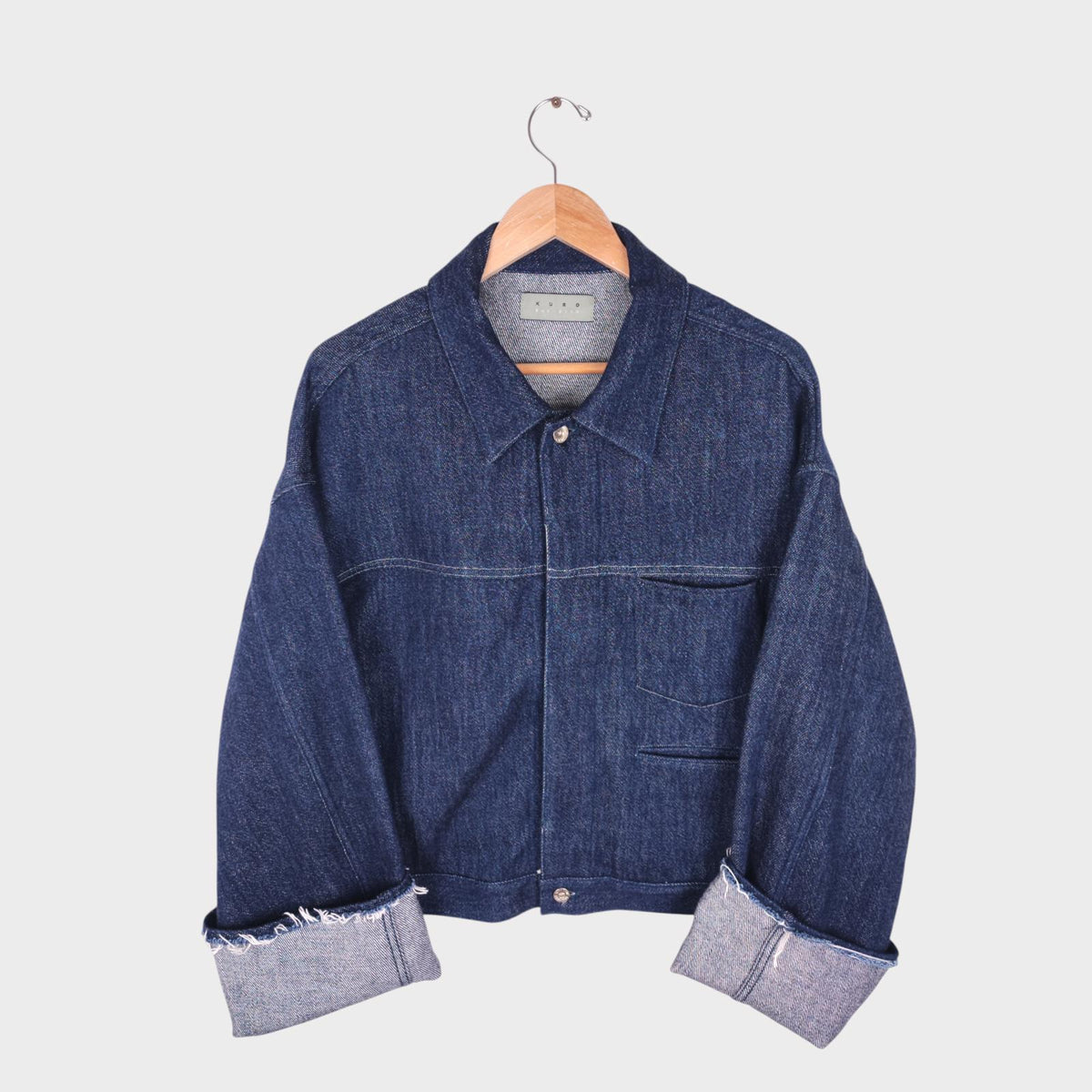 KURO Men's Blue Made in Japan Cropped Boxy Fit Raw Oversized Sleeve Denim Jacket
