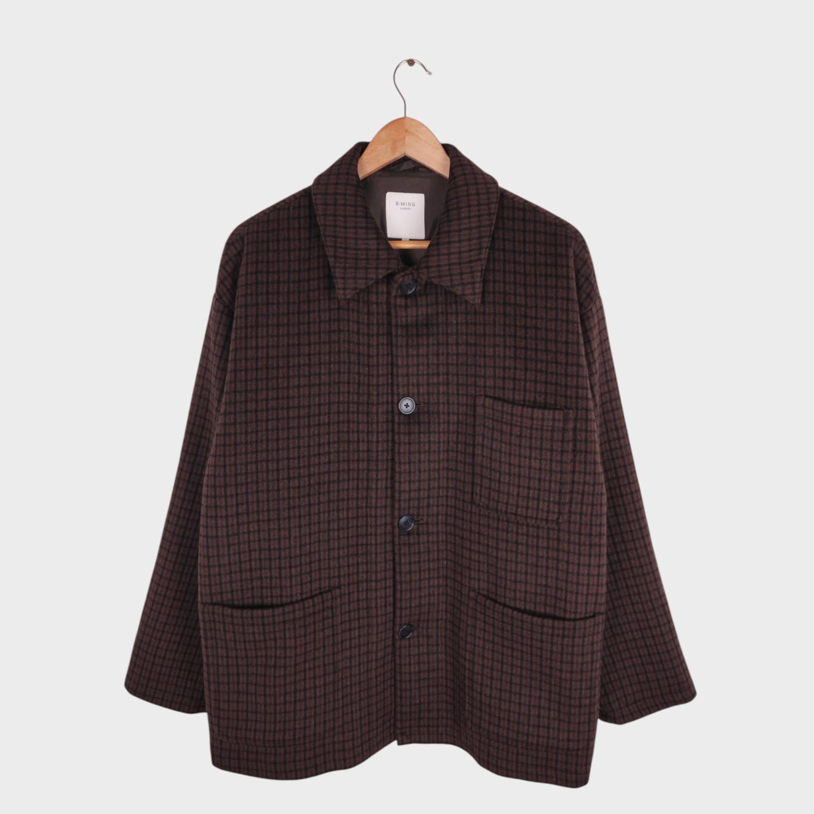 BEAMS B:MING Men's Brown Check Tasmanian Wool Blend Chore Jacket
