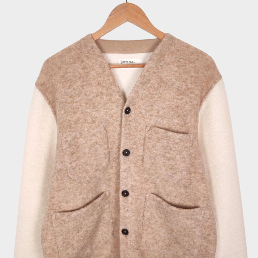 UNIVERSAL WORKS Men's Beige/Ecru Colourblock Wool Fleece Cardigan