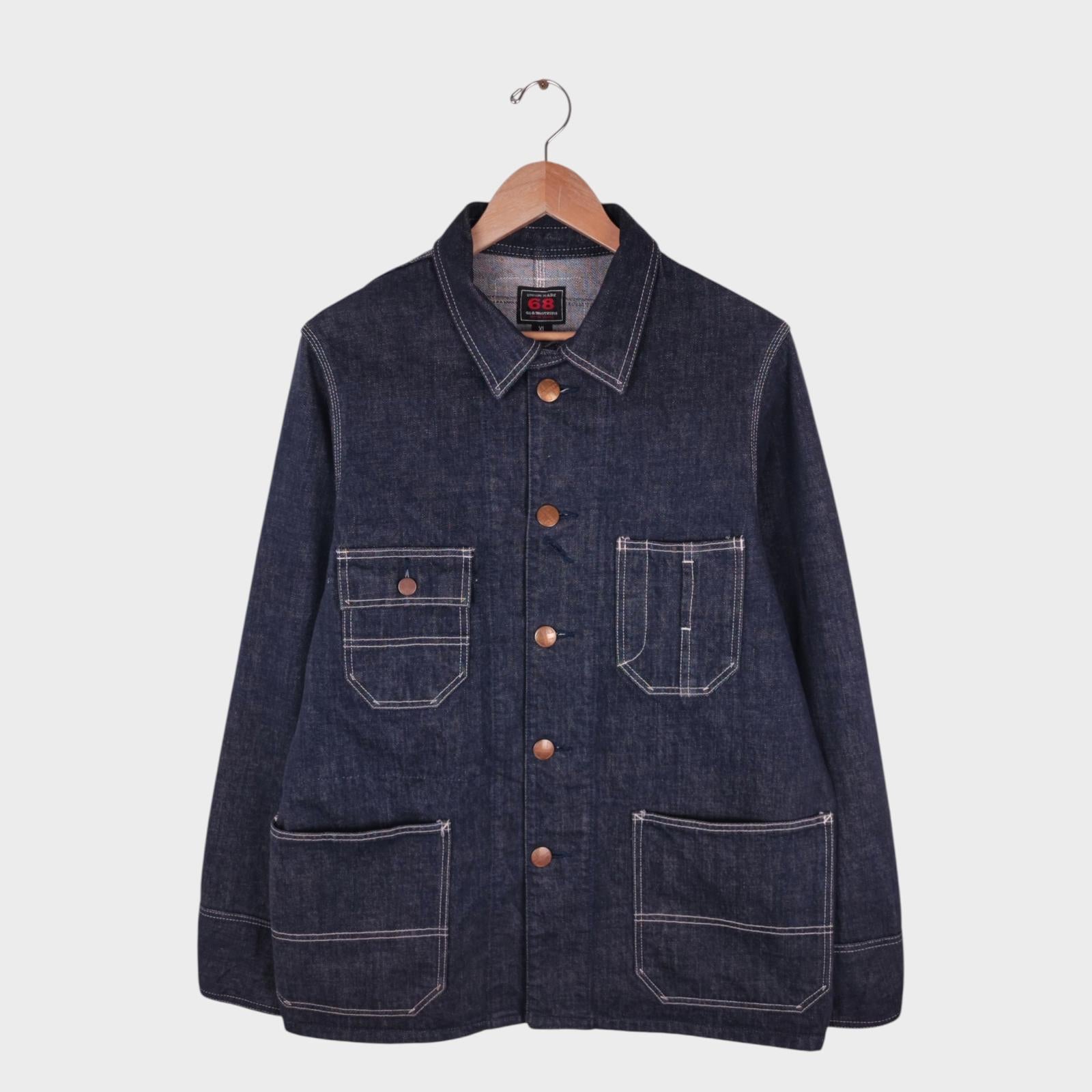 68&BROTHERS Men's Dark Blue Made in Japan Heavyweight Denim Chore Jacket