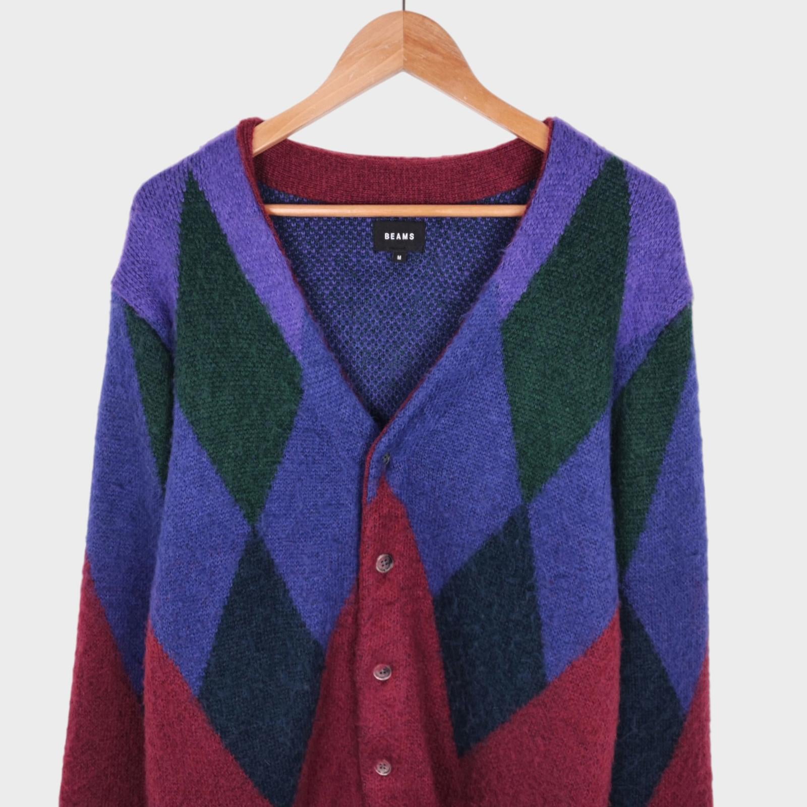 BEAMS Men's Mohair Wool Blend Shaggy Grunge Argyle Cardigan