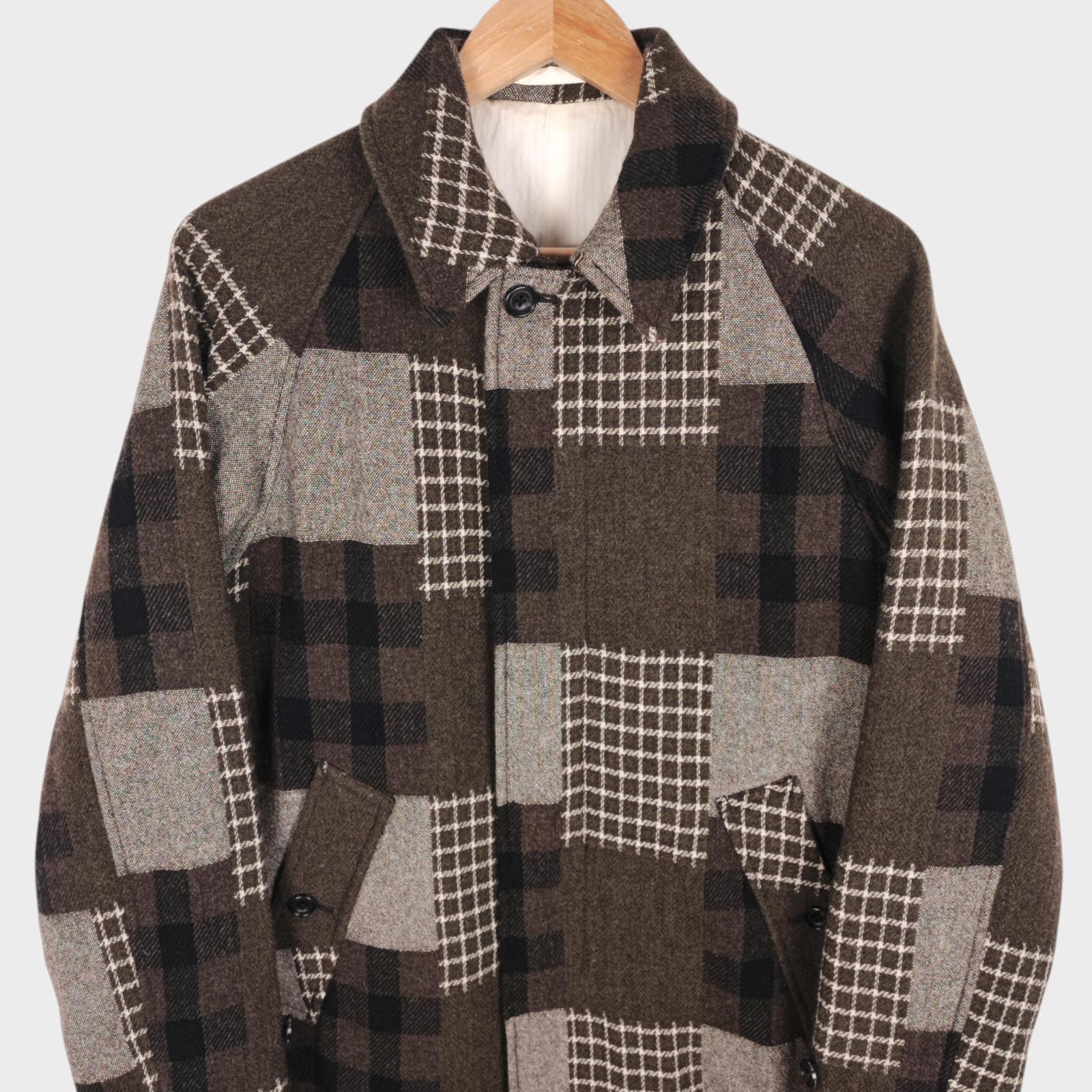 BEAMS PLUS Men's Khaki/Brown 100% Wool Patchwork Coat