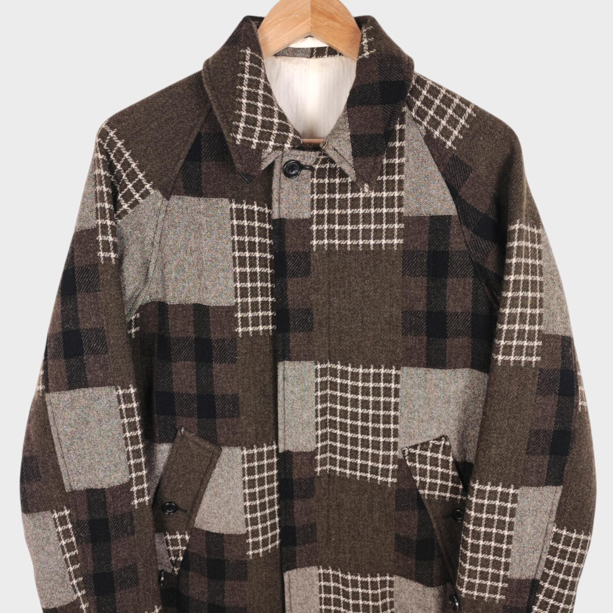 BEAMS PLUS Men's Khaki/Brown 100% Wool Patchwork Coat