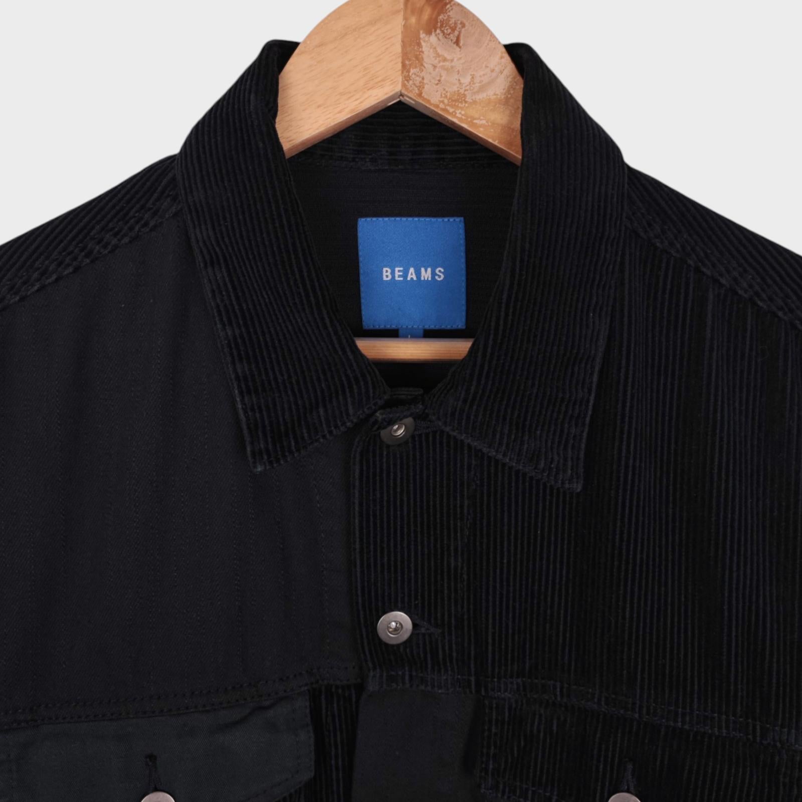 BEAMS Men's Black Corduroy Patchwork Trucker Jacket