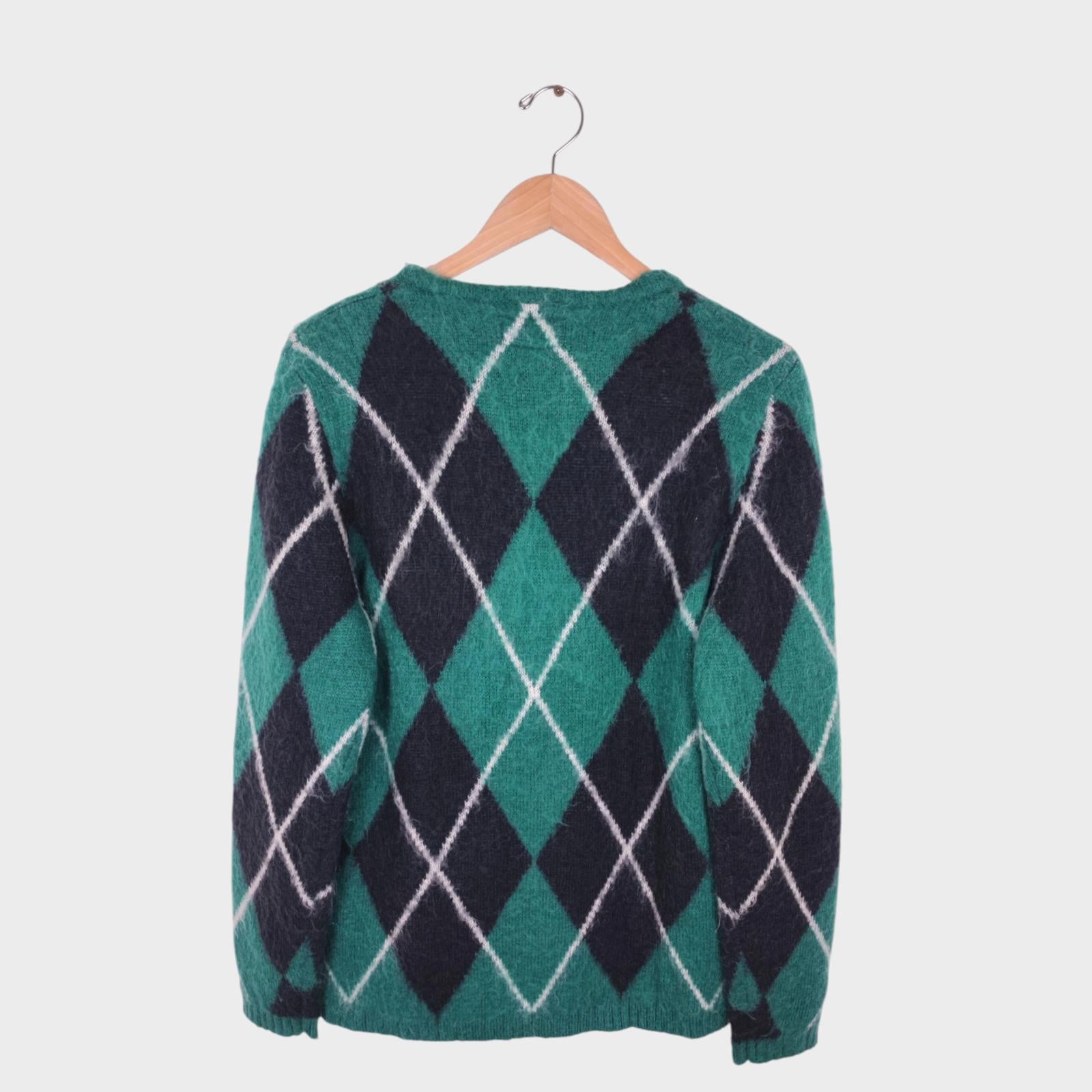 BEAMS PLUS Men's Mohair Blend Shaggy Grunge Argyle Cardigan