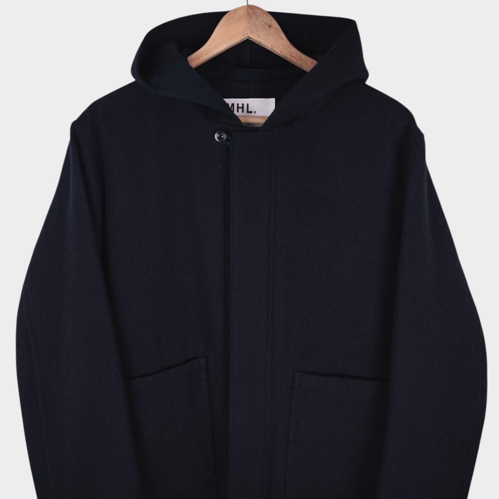 MHL MARGARET HOWELL Men's Dark Navy Heavyweight 100% Wool Hooded Coat