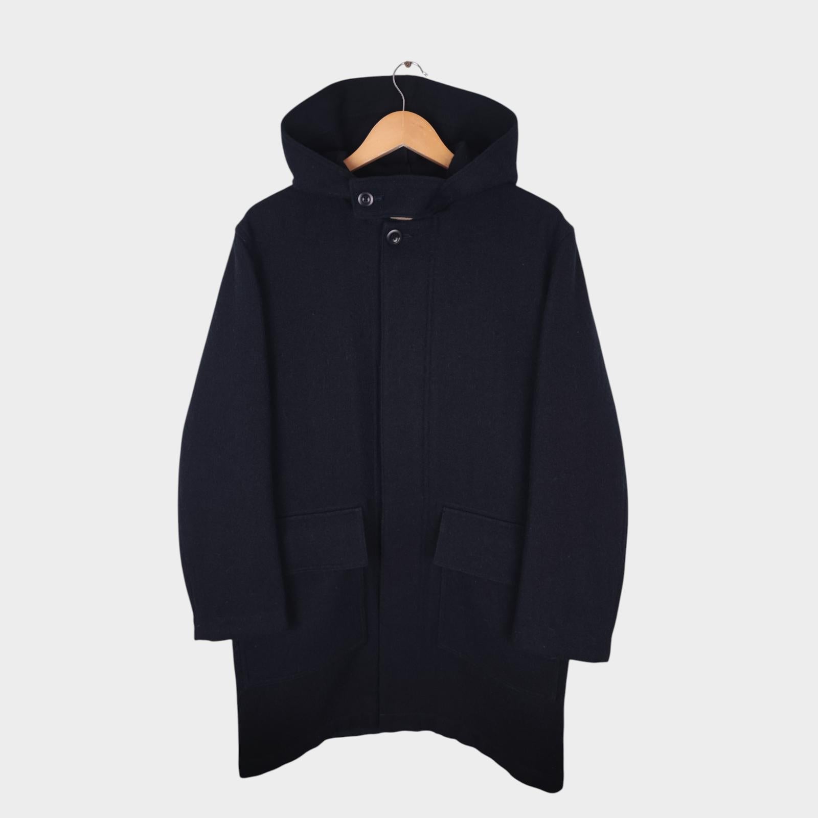 MHL MARGARET HOWELL Men's Dark Navy Blue 100% Wool Hooded Coat