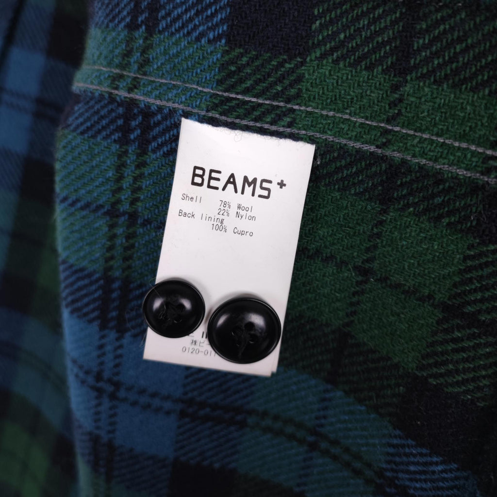BEAMS PLUS Men's Made in Japan Green/Blue Checked Wool Blend Camp Jacket