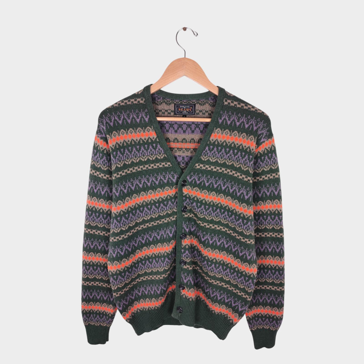 BEAMS PLUS Men's Multicoloured Fairisle Ramie Cotton Blend Cardigan