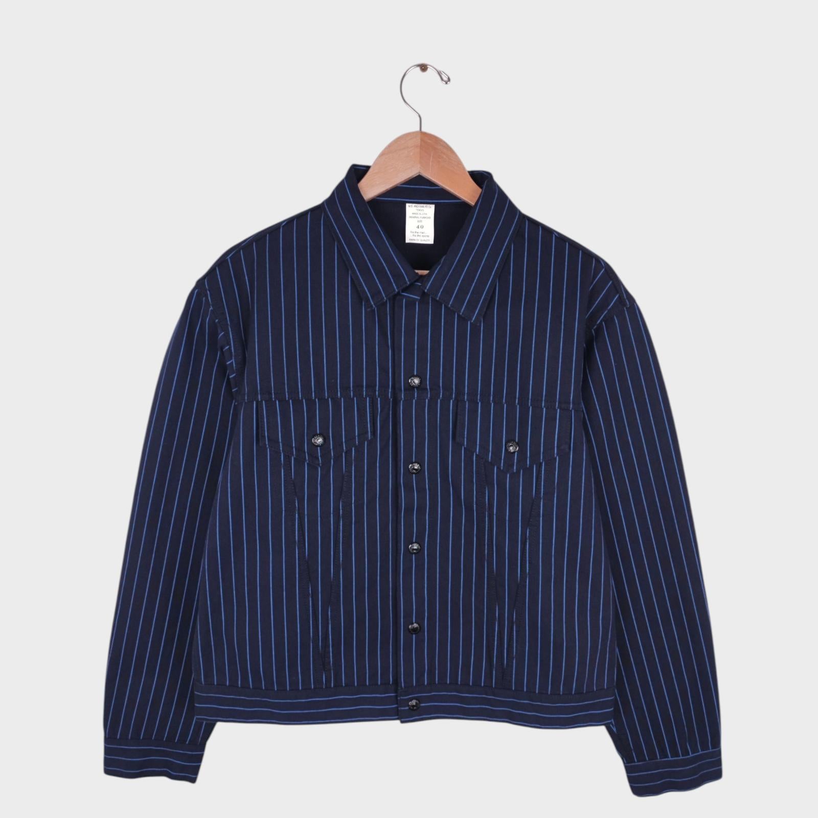 ANDFAMILYS CO KYOTO Men's Made in Japan Navy Blue Striped Cropped Fitted Trucker Jacket