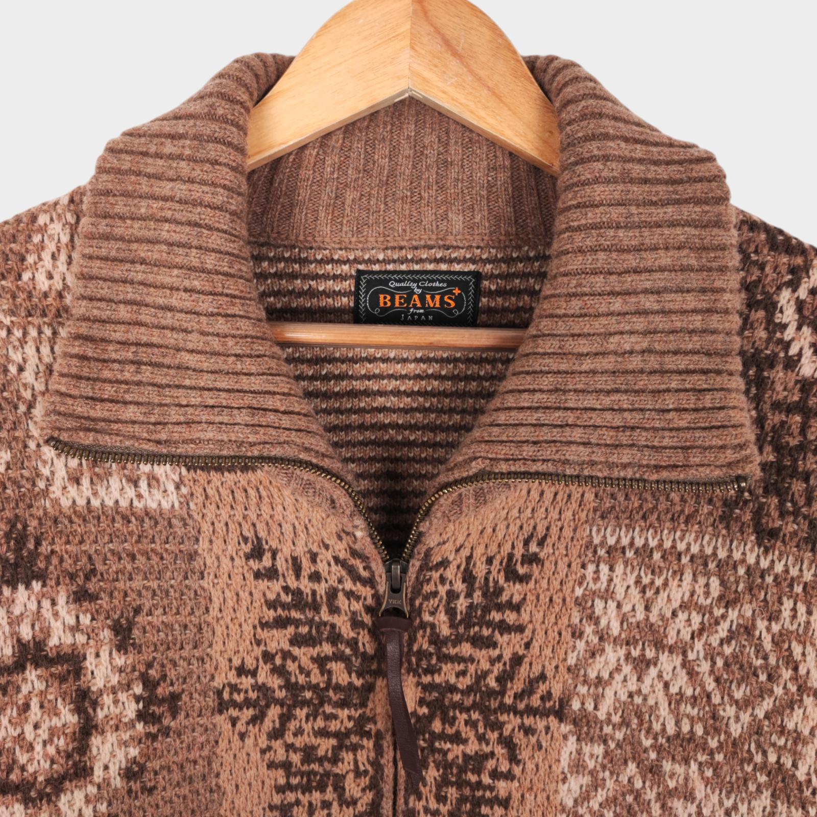 BEAMS PLUS Men's Beige 100% Heavyweight Wool Jacquard Patchwork Jacket