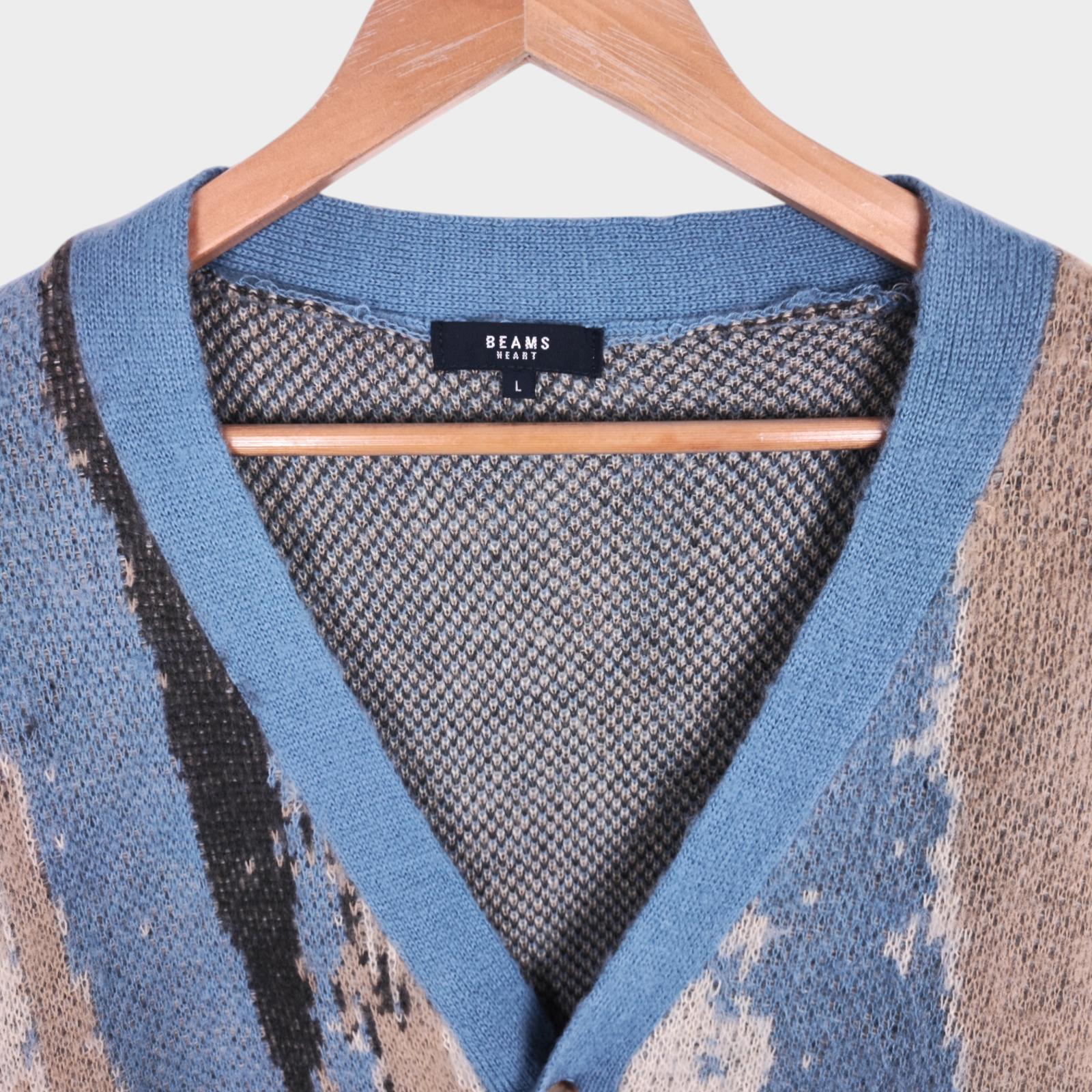 BEAMS HEART Men's Blue Marble Jacquard Shaggy Grunge Cardigan