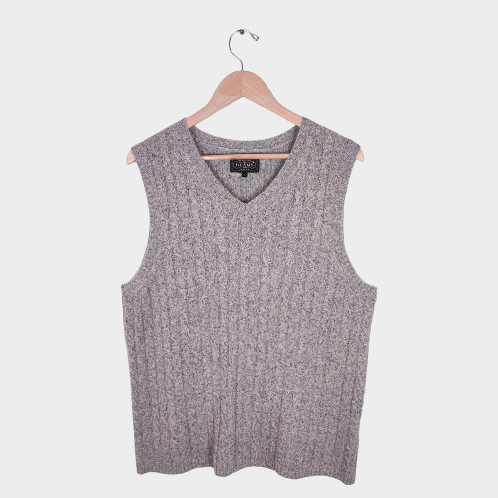 BEAMS PLUS Men's Grey Wool Silk Blend Cable Knit Vest