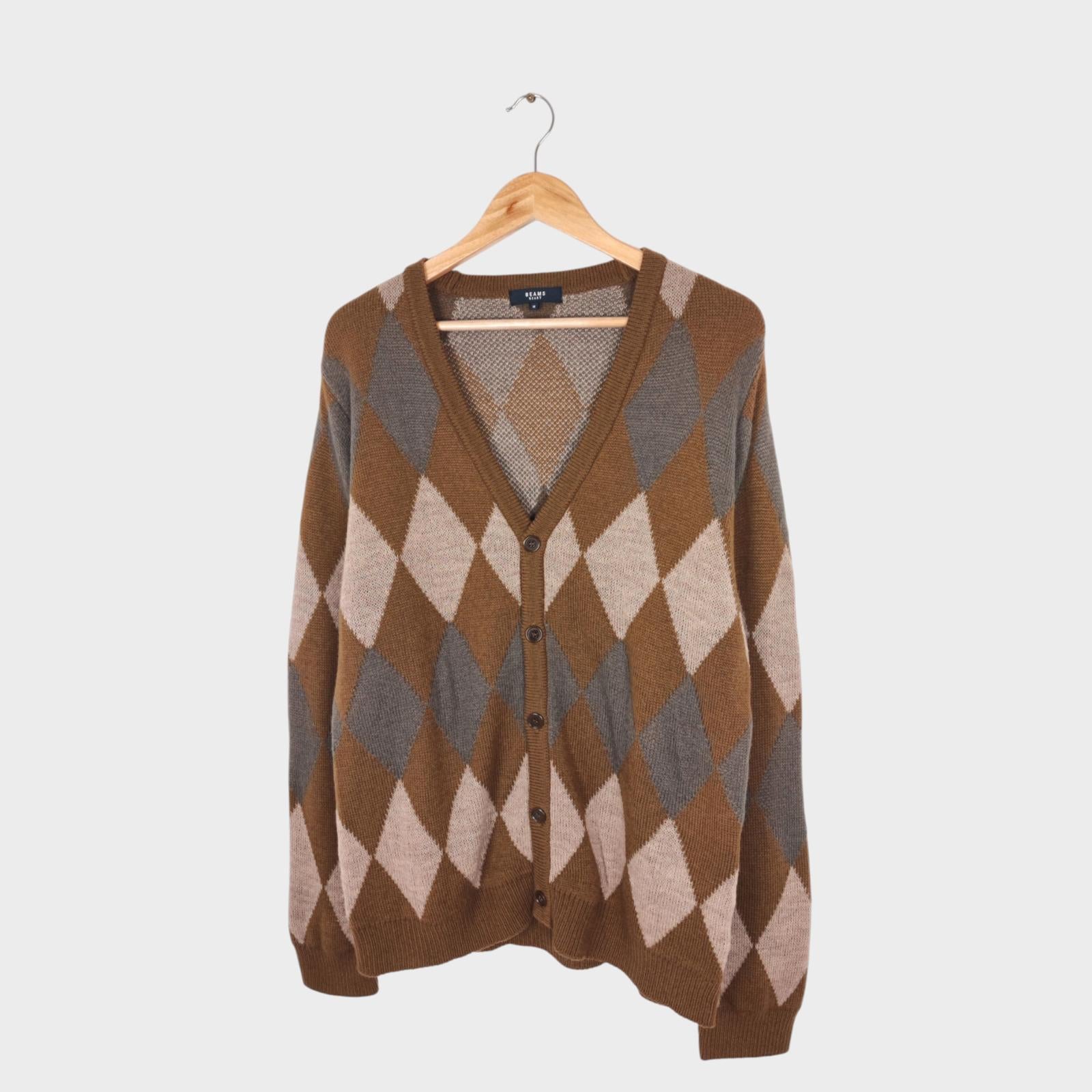 BEAMS HEART Men's Made in Japan Argyle Wool Blend Cardigan