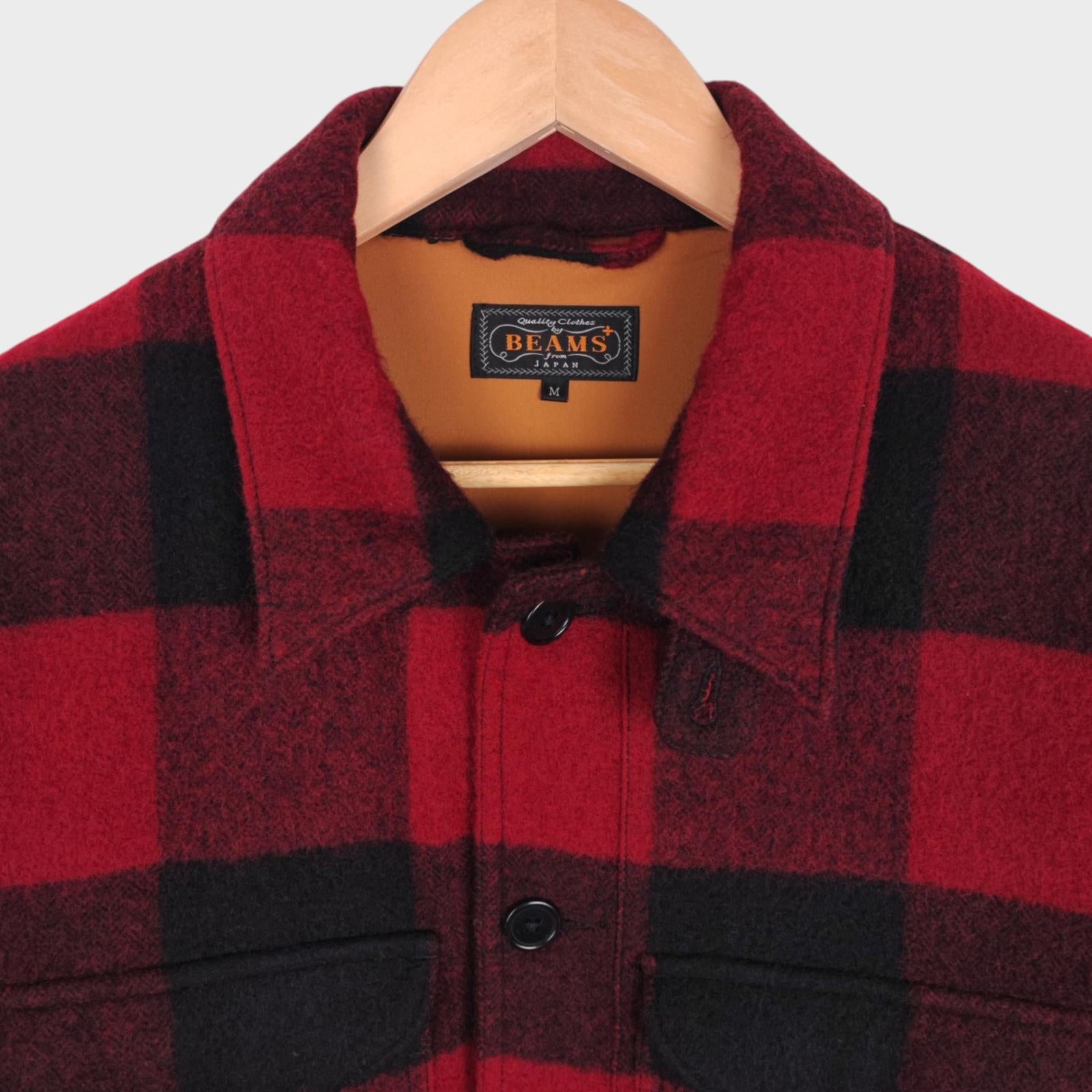 BEAMS PLUS Men's Red/Black Buffalo Wool Blend Check Mackinaw Cruiser Jacket