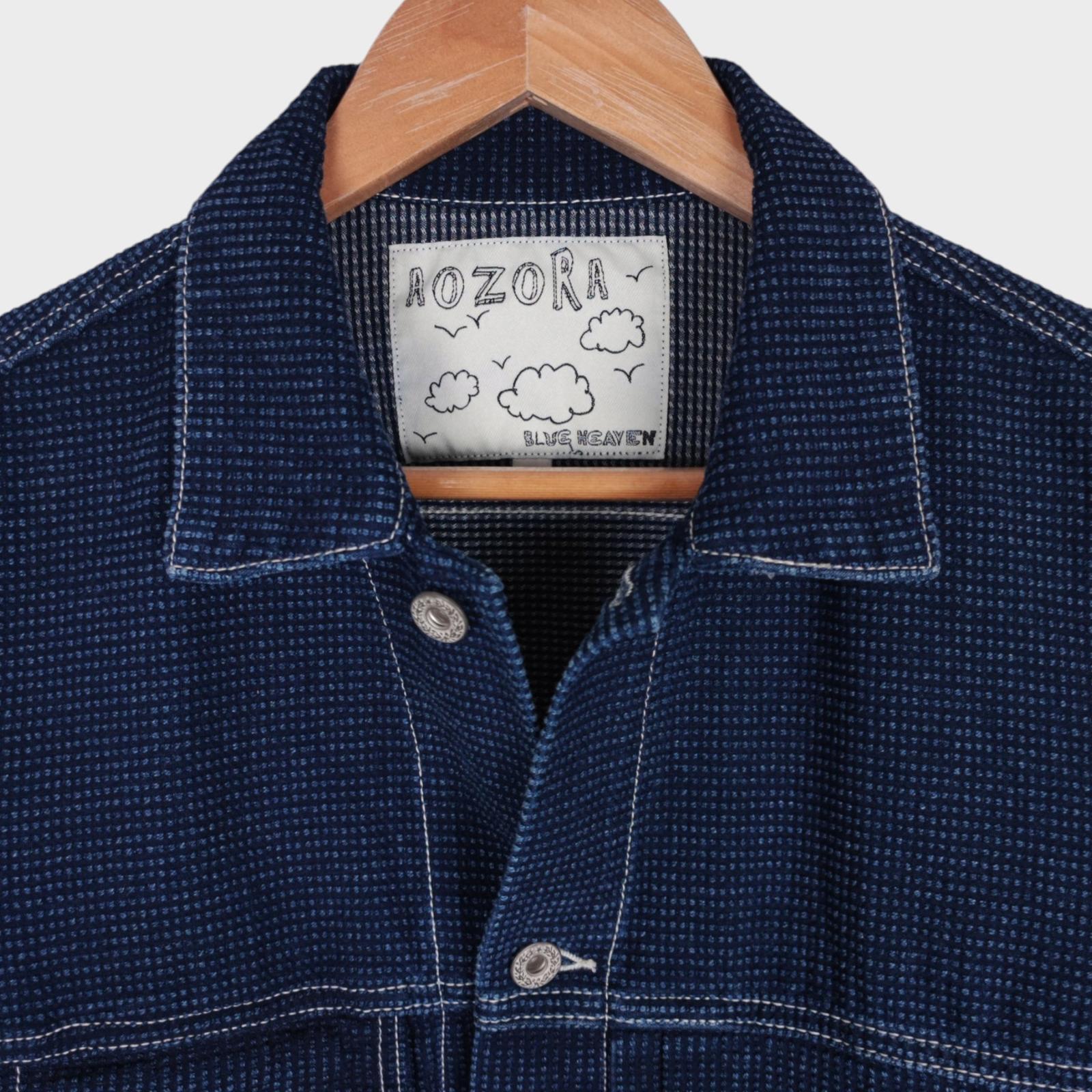 AOZORA BLUE HEAVEN Men's Blue Japanese Sashiko Weave Trucker Jacket