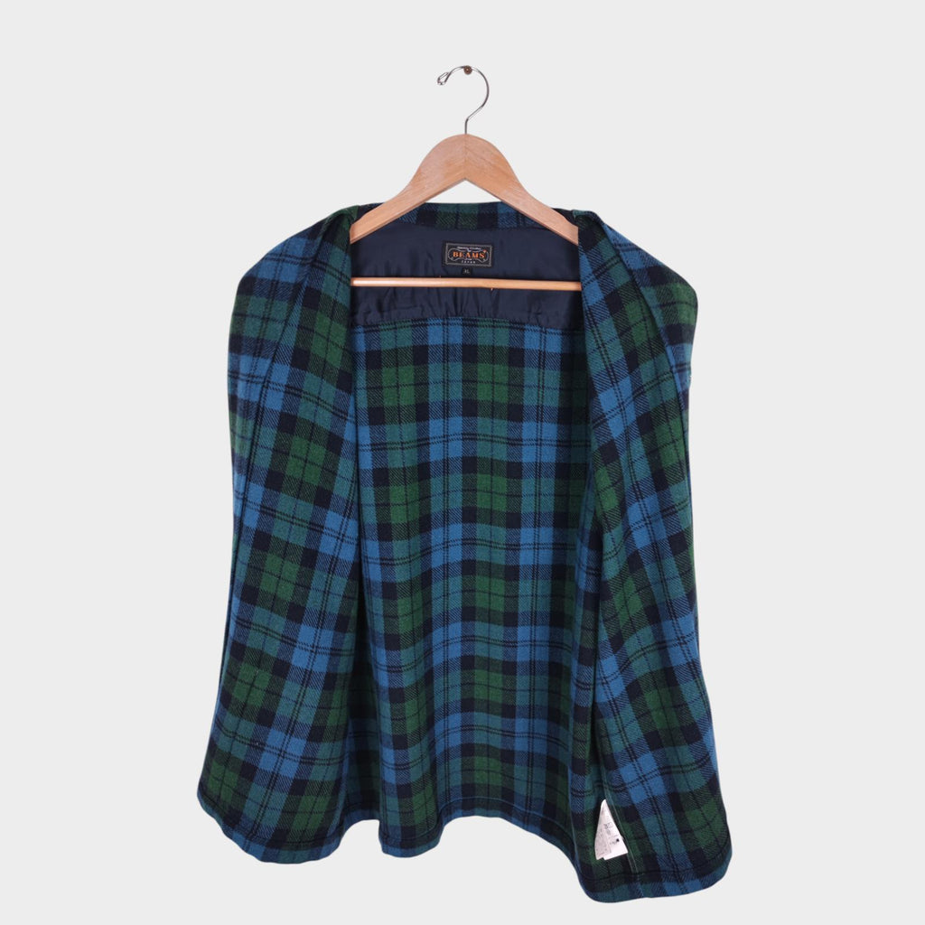 BEAMS PLUS Men's Made in Japan Green/Blue Checked Wool Blend Camp Jacket