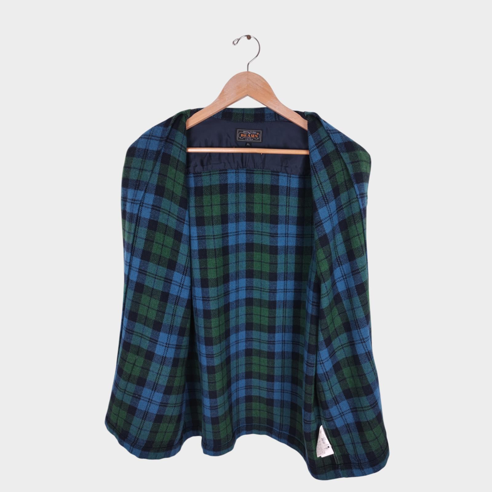 BEAMS PLUS Men's Made in Japan Green/Blue Checked Wool Blend Camp Jacket