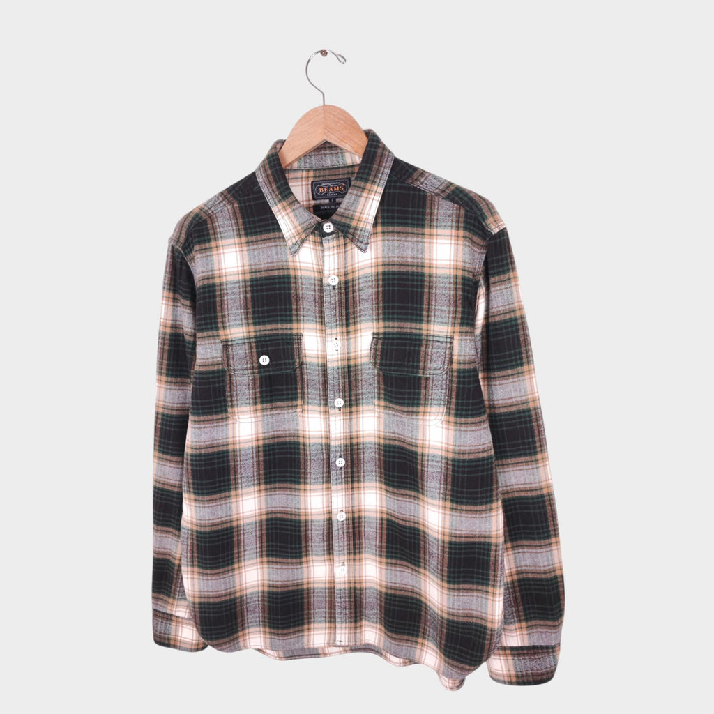 BEAMS PLUS Men's Made in Japan Cotton Wool Blend Checked Flannel Shirt