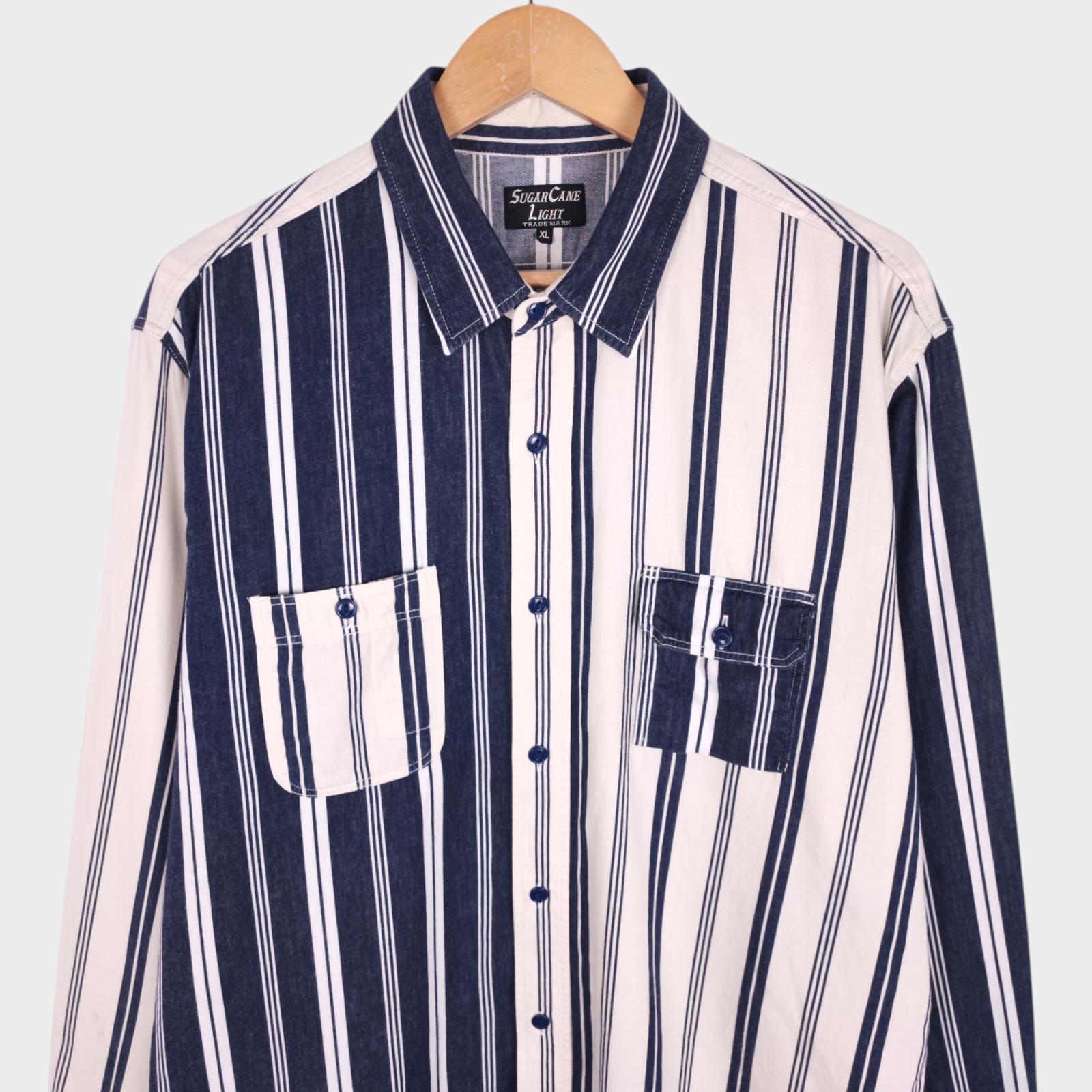 SUGAR CANE Men's Made in Japan Cream/Navy Striped Panelled Shirt