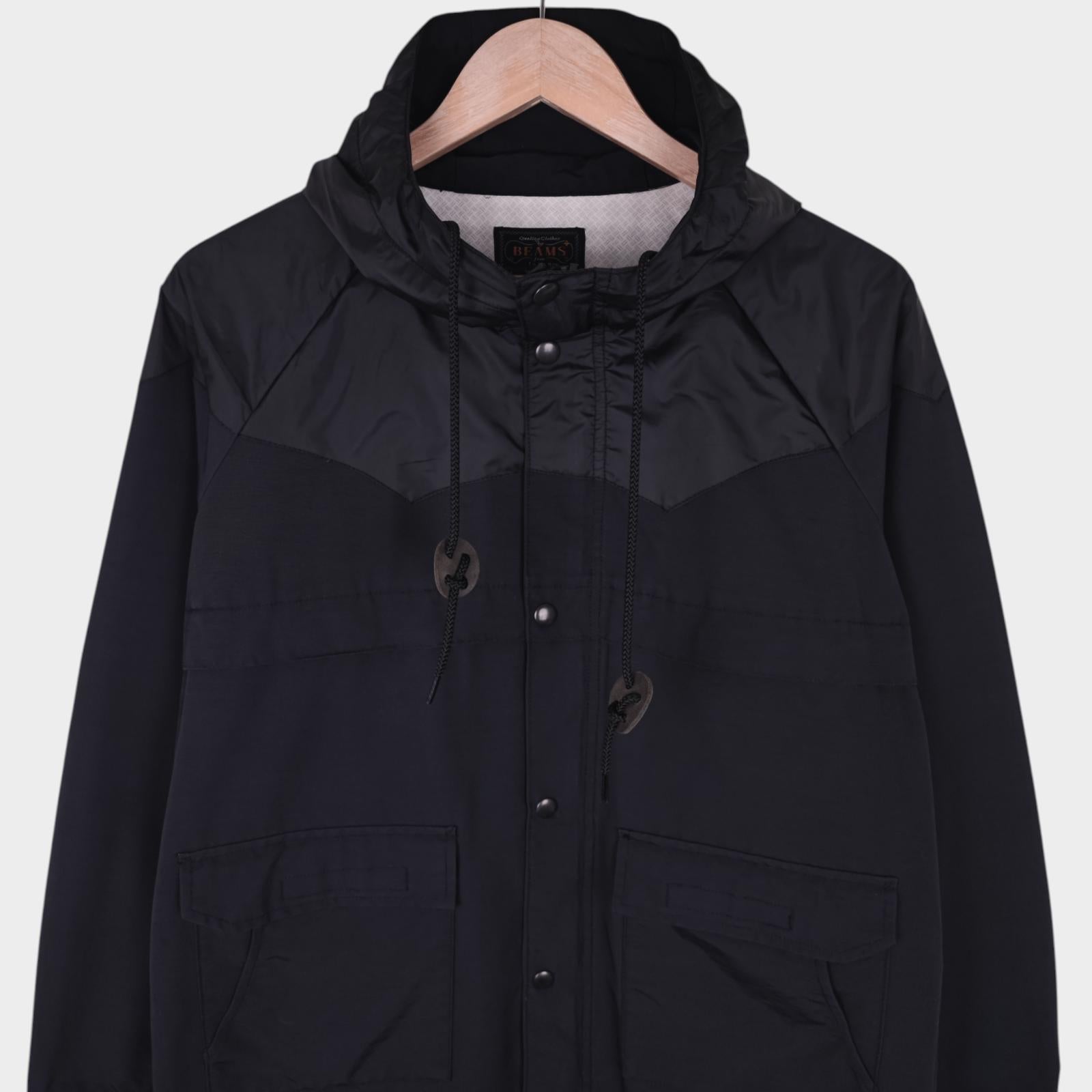 BEAMS PLUS Men's Black 60/40 Cotton Nylon Hooded Mountain Parka Jacket