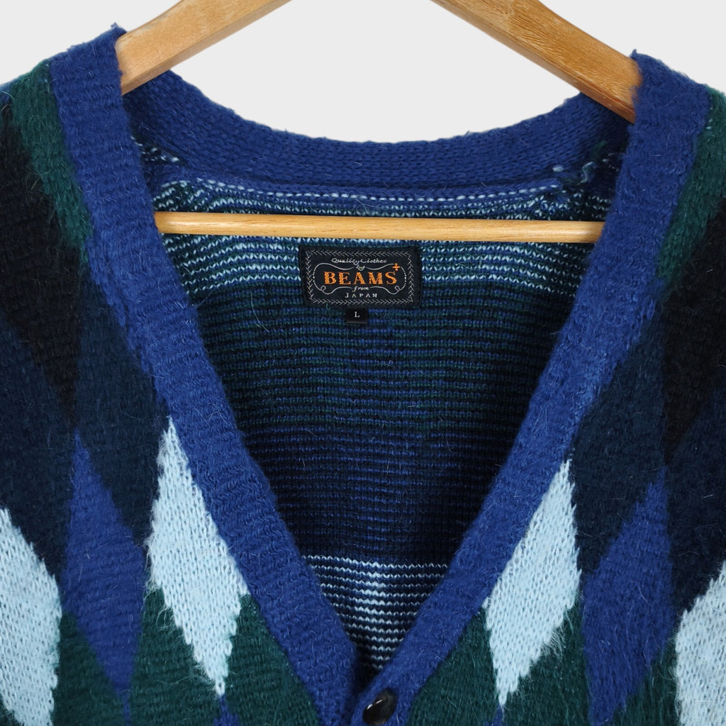 BEAMS PLUS Men's Mohair Blend Shaggy Grunge Argyle Cardigan