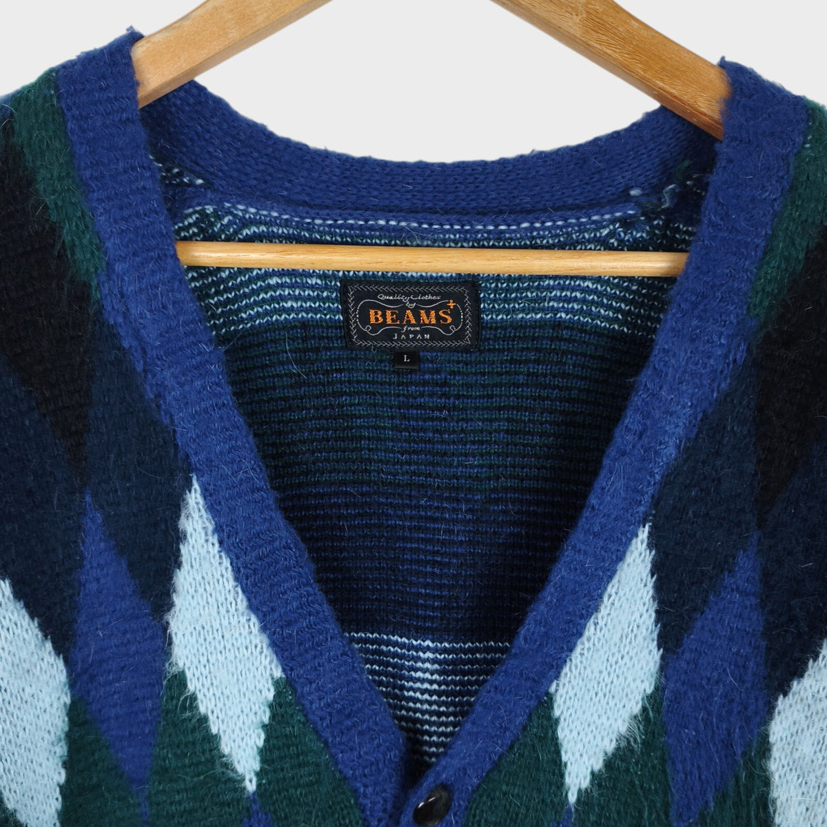 BEAMS PLUS Men's Mohair Blend Shaggy Grunge Argyle Cardigan