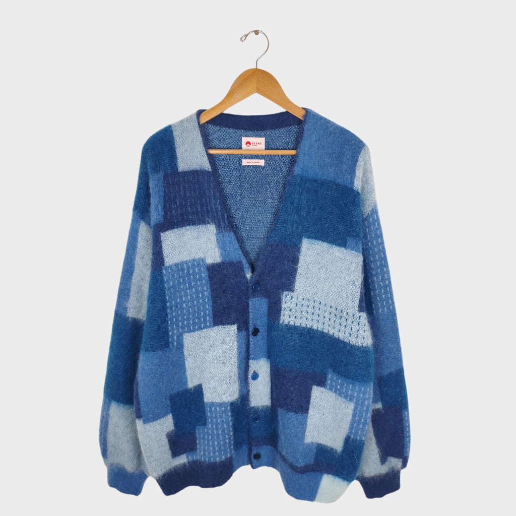 BEAMS JAPAN Men's Made in Japan Blue Boro Jacquard Shaggy Mohair Cardigan