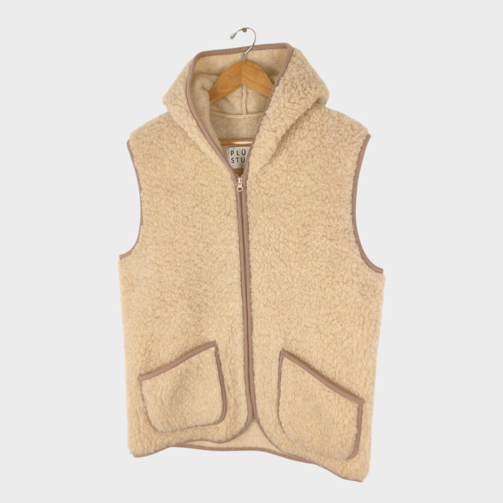 PLUMO STUDIO Women's 100% Wool Pile Fleece Hooded Zip Vest Gilet
