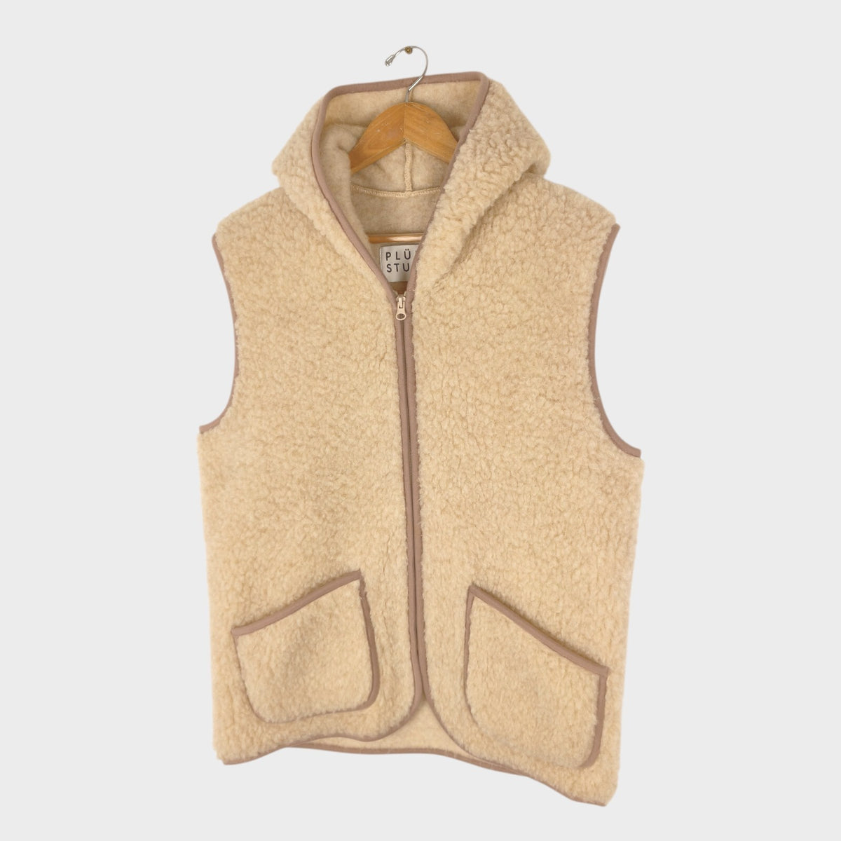 PLUMO STUDIO Women's 100% Wool Pile Fleece Hooded Zip Vest Gilet