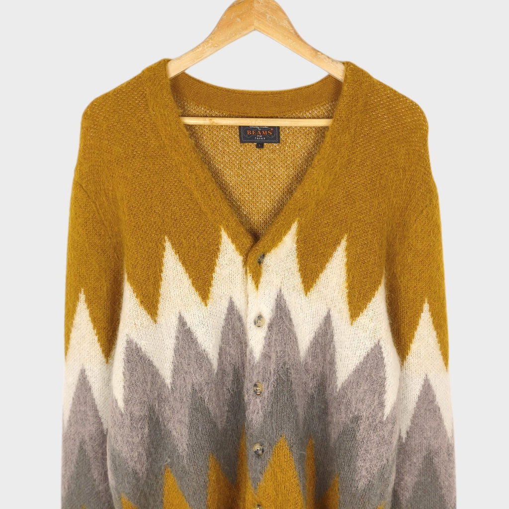 BEAMS PLUS Men's Mohair Blend Shaggy Grunge Argyle Cardigan