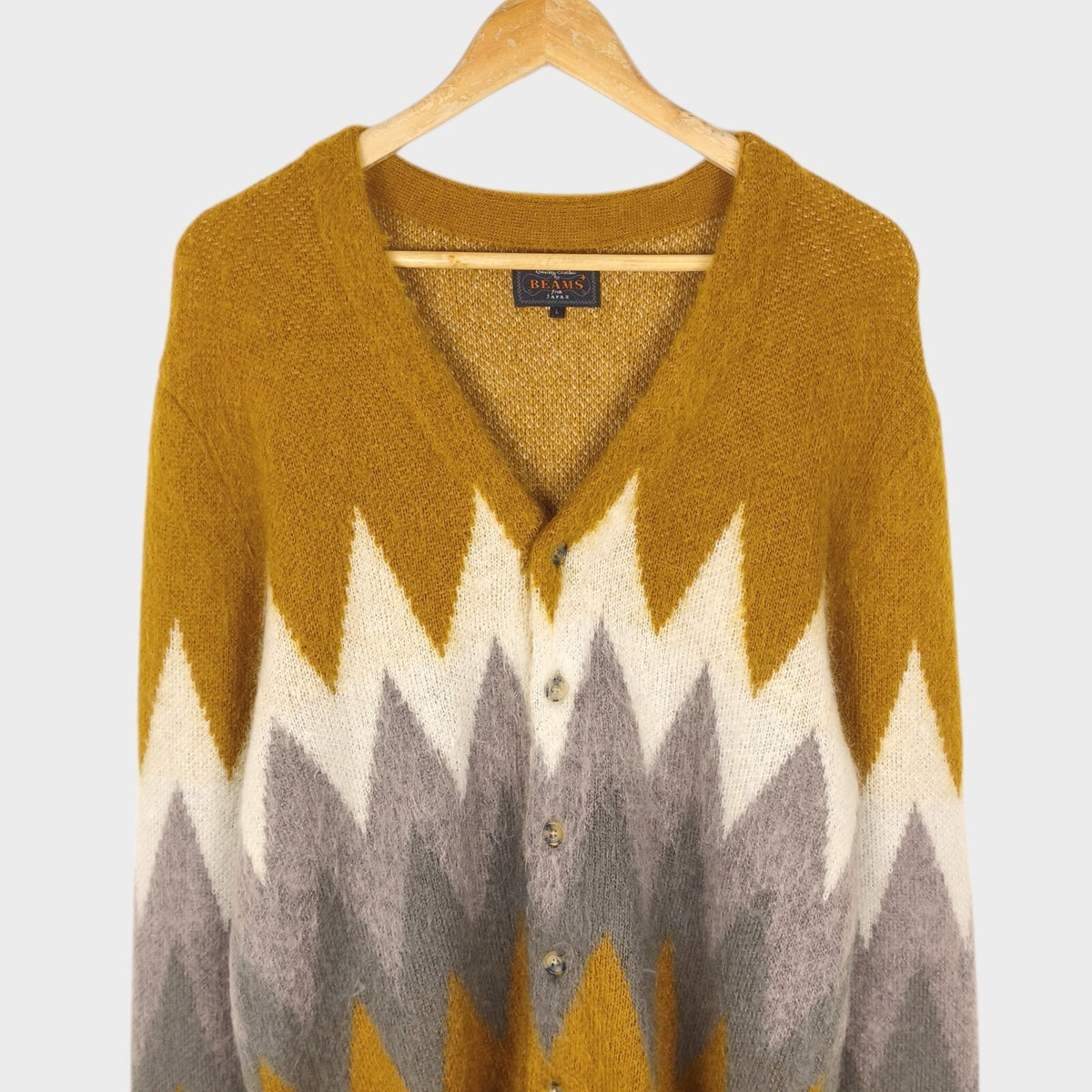 BEAMS PLUS Men's Mohair Blend Shaggy Grunge Argyle Cardigan