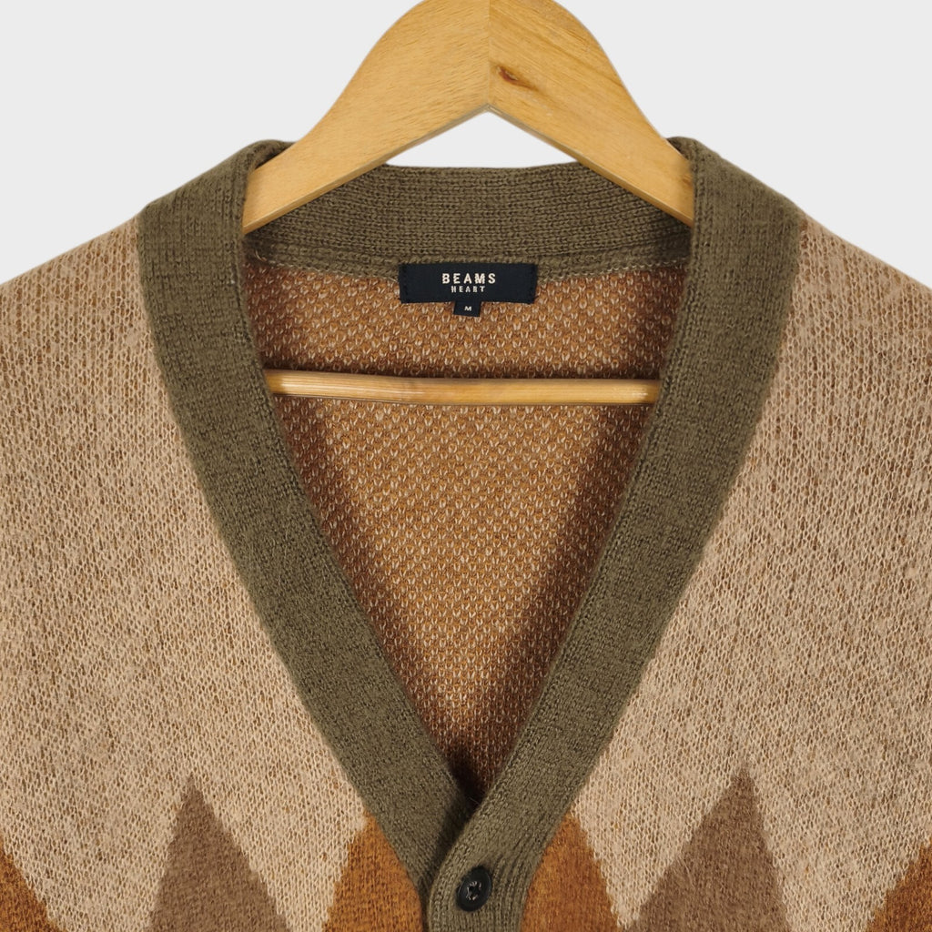 BEAMS HEART Men's Mohair Wool Blend Shaggy Grunge Argyle Cardigan