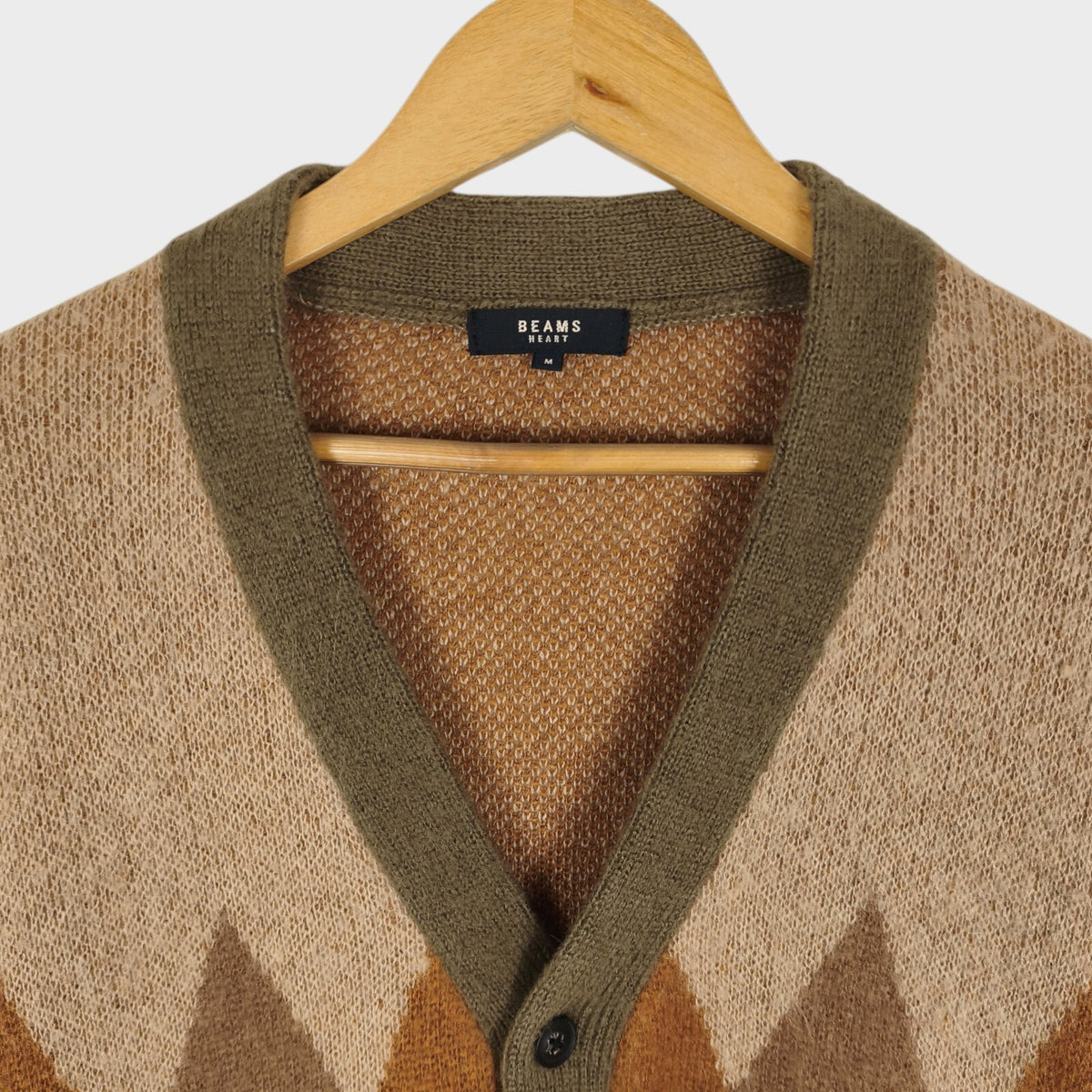 BEAMS HEART Men's Mohair Wool Blend Shaggy Grunge Argyle Cardigan