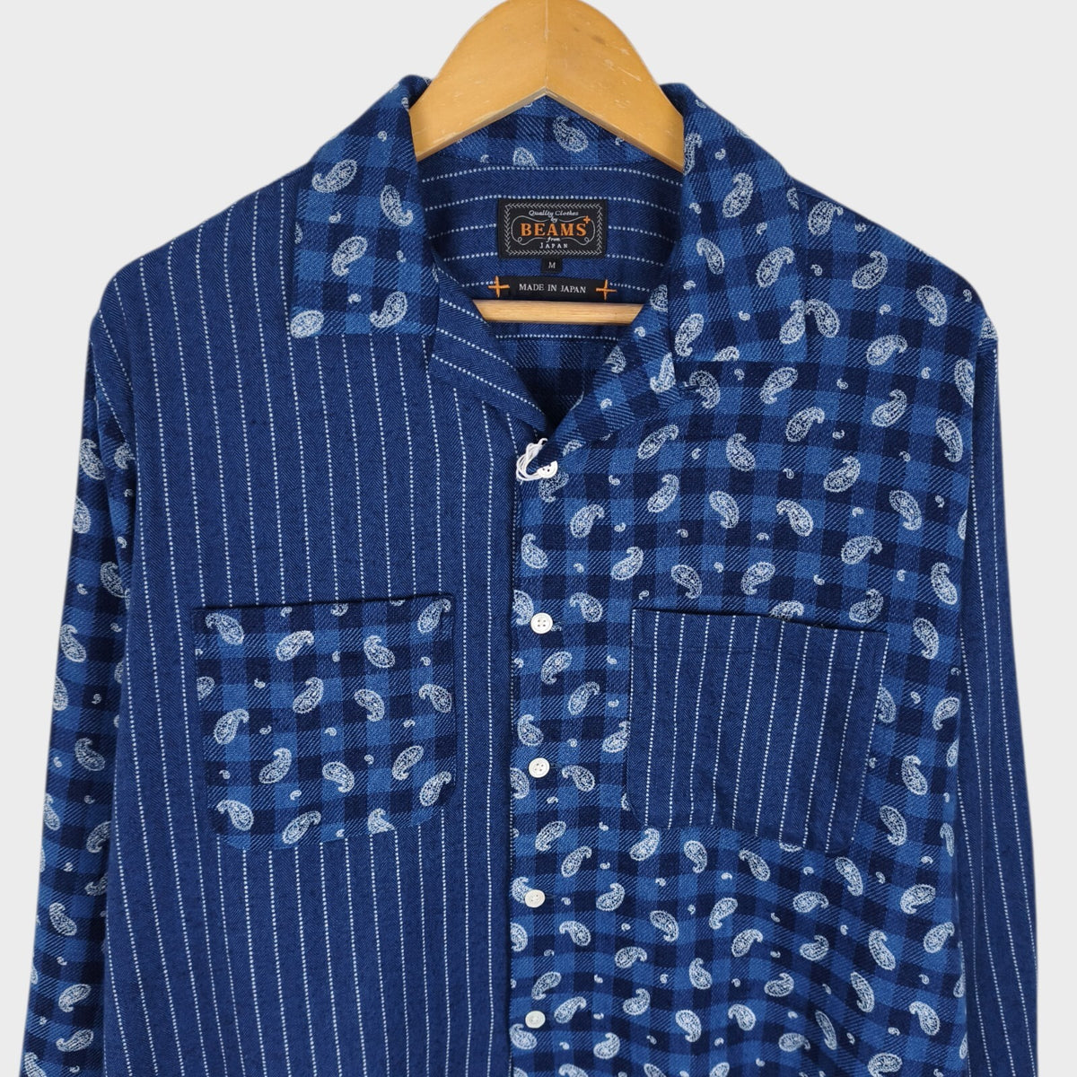 BEAMS PLUS Men's Made in Japan Blue Patchwork Flannel Shirt