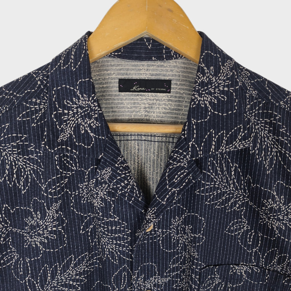 ETERNAL BICCHU KURASHIKI Men's Made in Japan Dark Blue Floral Sashiko Shirt