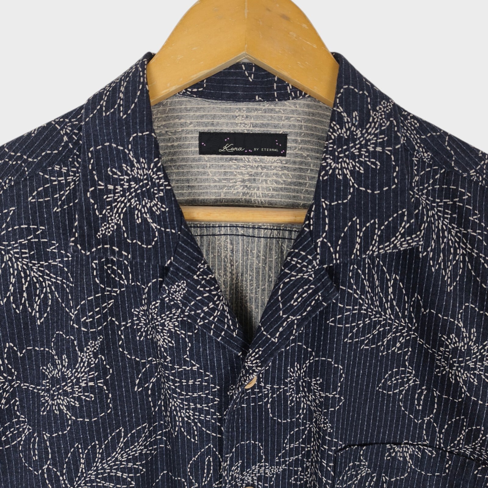 ETERNAL BICCHU KURASHIKI Men's Made in Japan Dark Blue Floral Sashiko Shirt