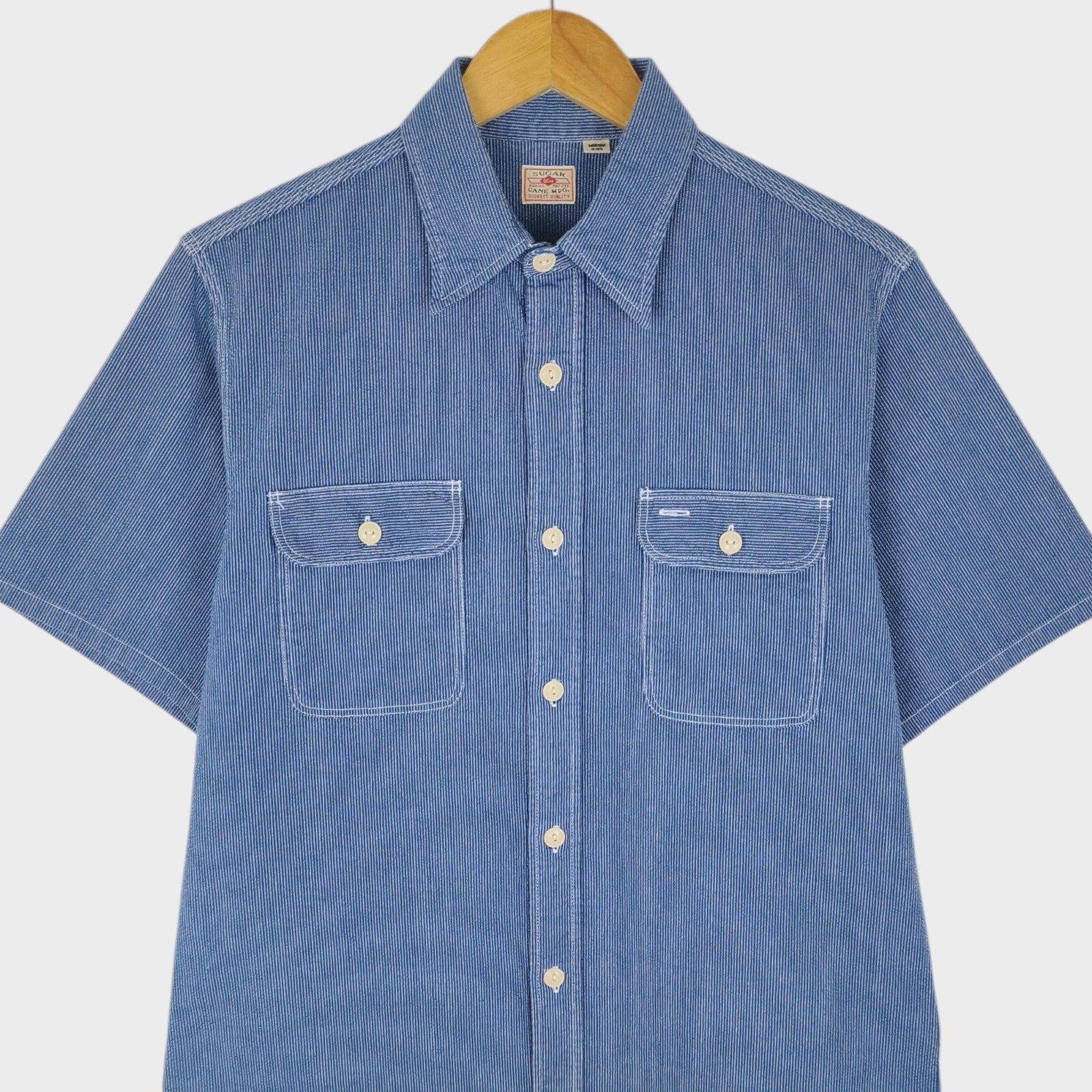SUGAR CANE Men's Made in Japan Blue Embroidered Striped Utility Work Shirt