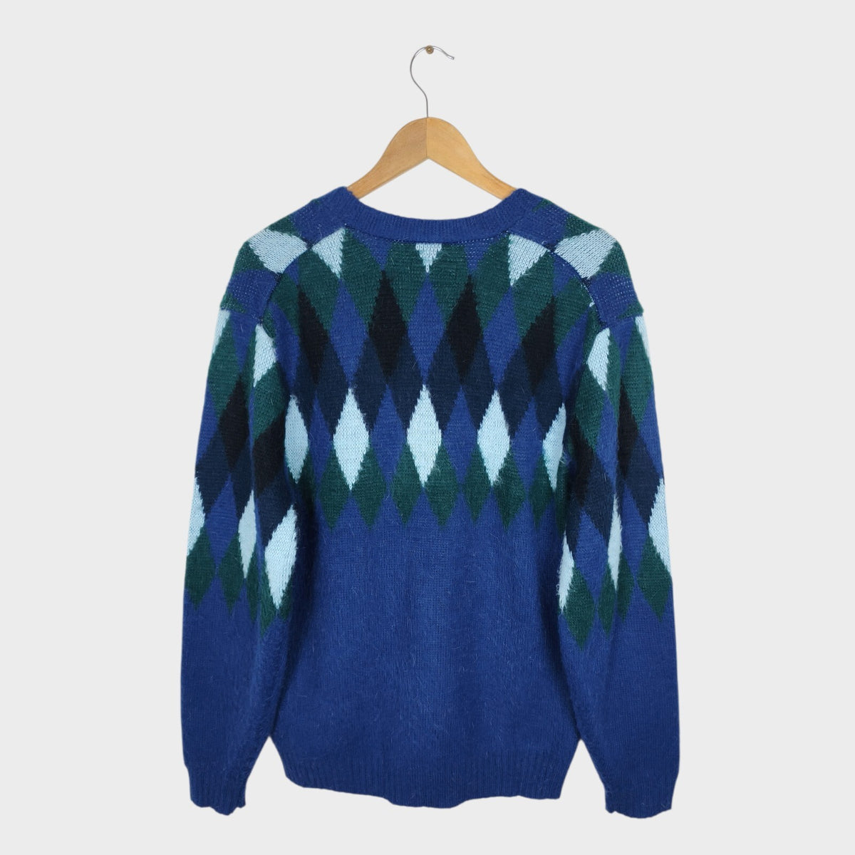 BEAMS PLUS Men's Mohair Blend Shaggy Grunge Argyle Cardigan