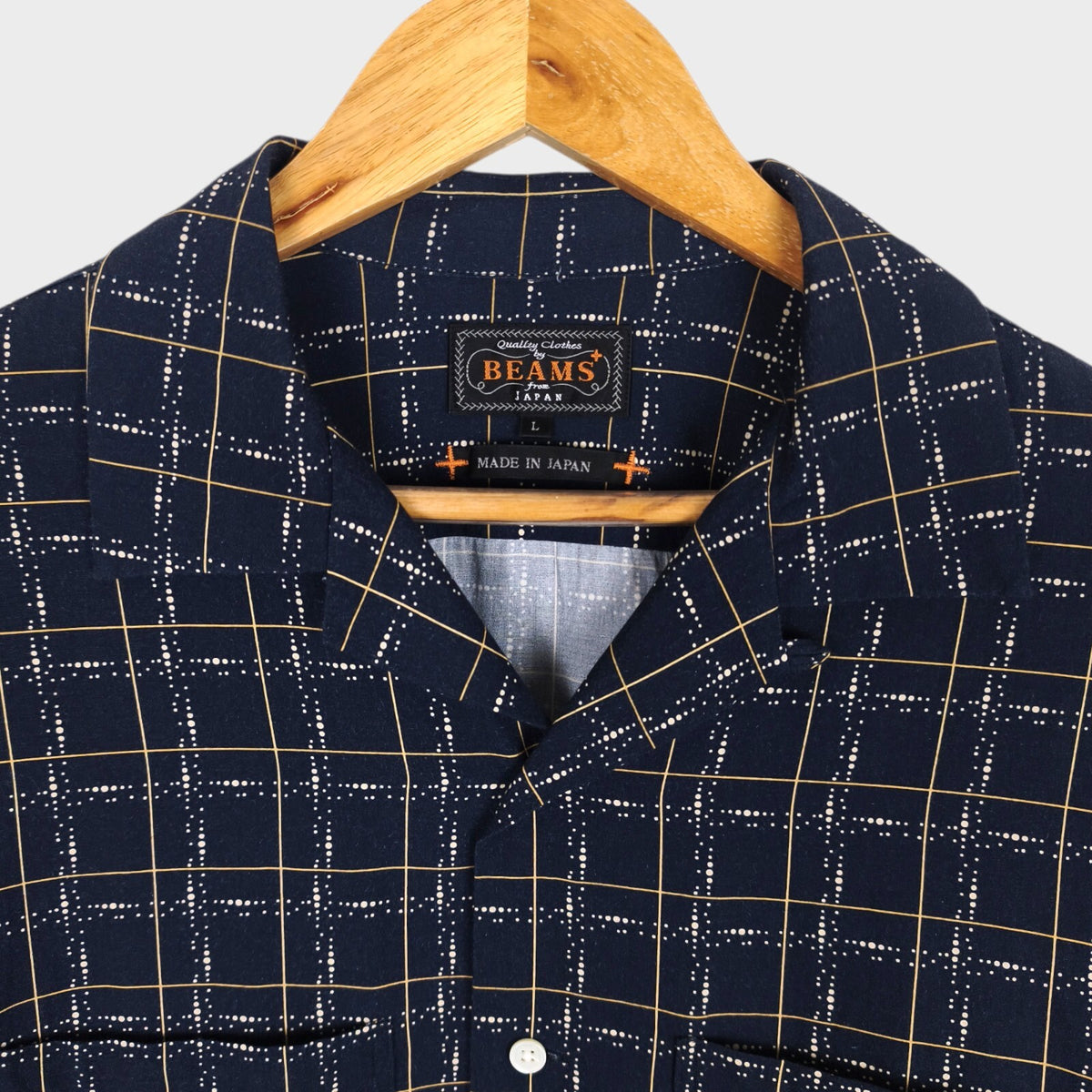 BEAMS PLUS Men's Made in Japan Rayon/Cotton Checked Camp Collar Shirt