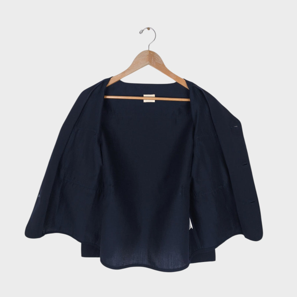 KABEL Men's Navy Blue Made in Japan 100% Wool/Linen V-Neck Utility Jacket
