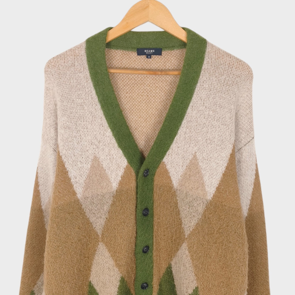 BEAMS HEART Men's Mohair Wool Blend Shaggy Grunge Argyle Cardigan