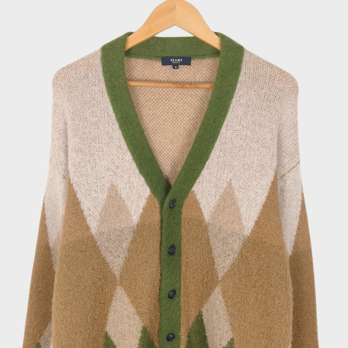 BEAMS HEART Men's Mohair Wool Blend Shaggy Grunge Argyle Cardigan
